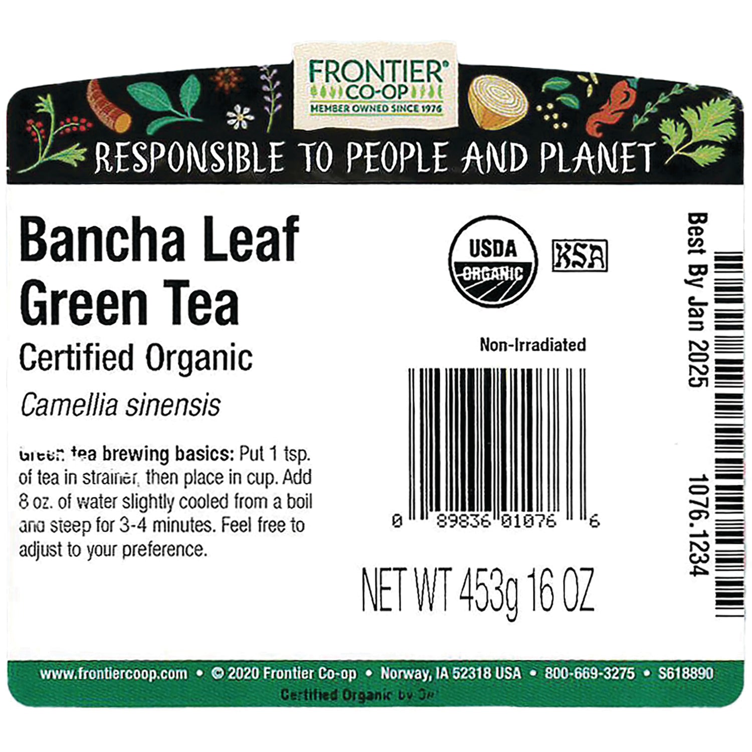 FNP084 | Back label of Bancha Leaf Green Tea showing barcode, brewing instructions, net wt 453g 16 OZ and USDA organic logo