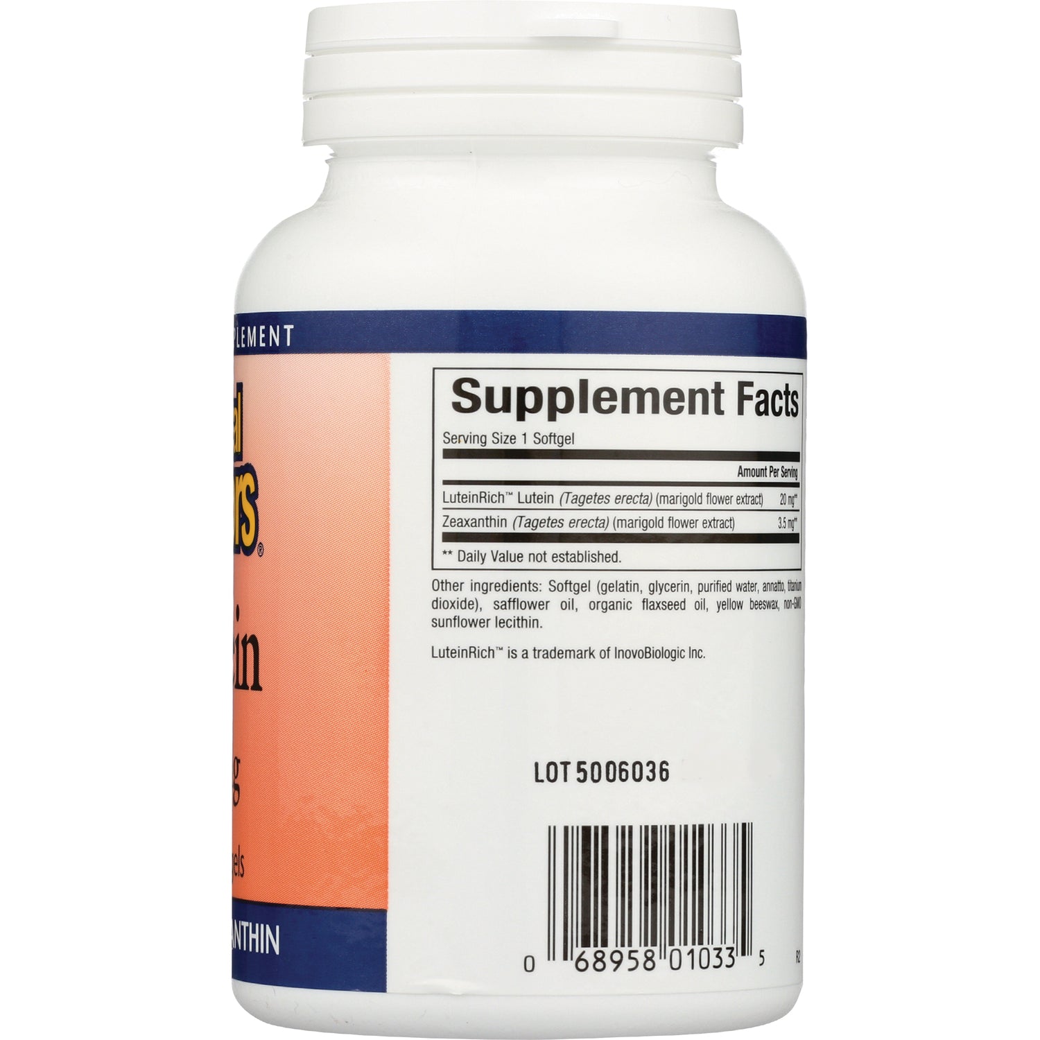 NFC070 | Back of white supplement bottle showing Supplement Facts panel, ingredients list, lot number and barcode