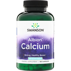 SWU064 | Swanson Albion Calcium supplement bottle, Strong, Healthy Bones, 180 mg per capsule, 180 capsules