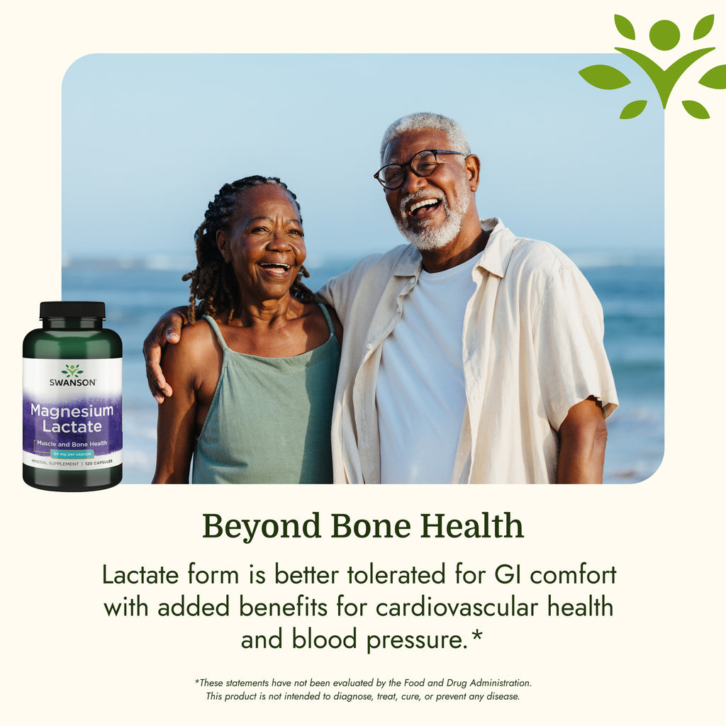SW1525 | Smiling older couple by the beach with Swanson Magnesium Lactate and text about bone and GI health - Thumbnail