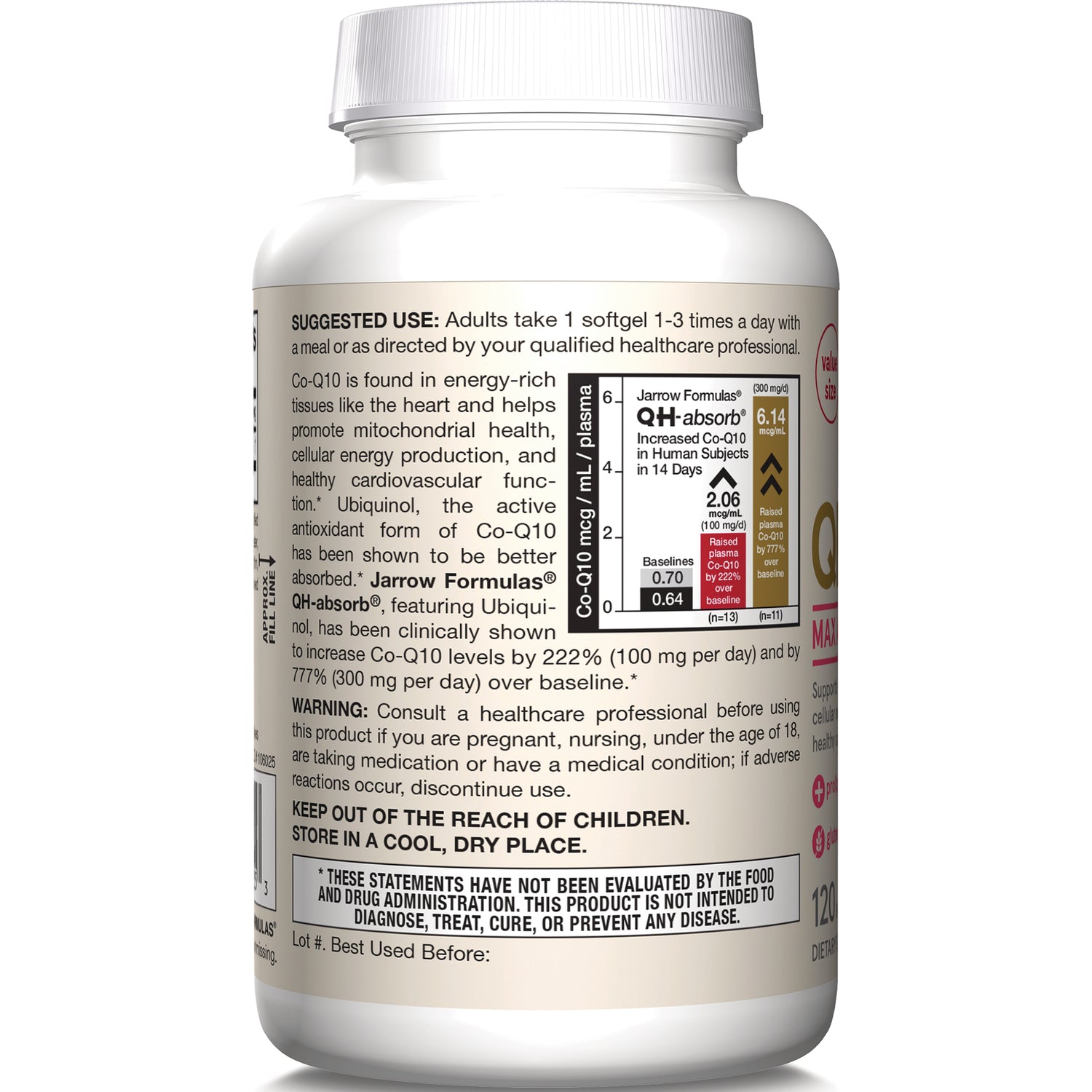 Back label of supplement bottle showing suggested use, warning, chart and storage instructions