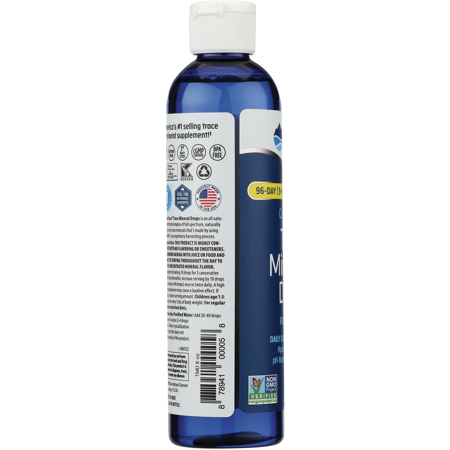 TM012 | Side panel of blue mineral drops bottle with icons, directions, barcode, and Non-GMO Project Verified logo