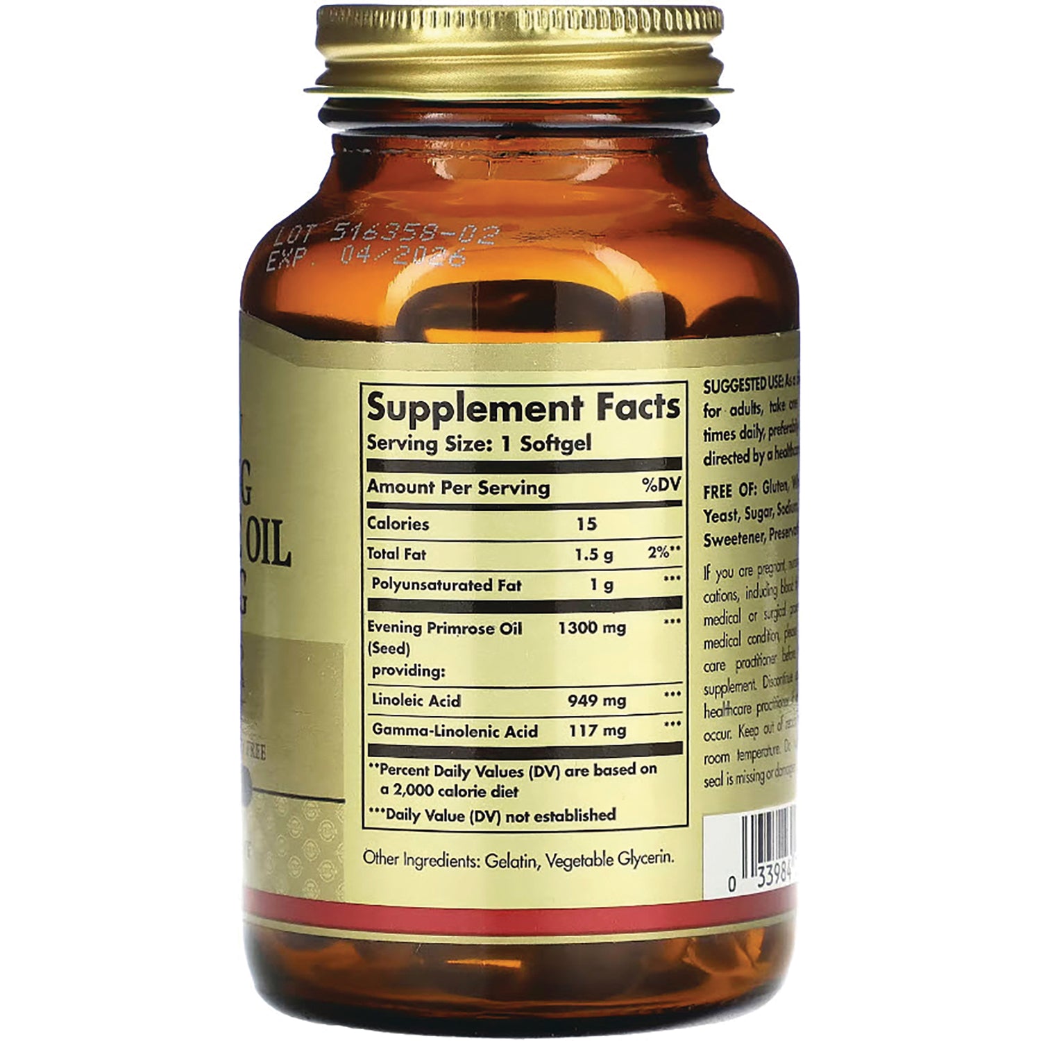 SLG277 | amber glass bottle back showing Supplement Facts label, serving size 1 Softgel and ingredient amounts