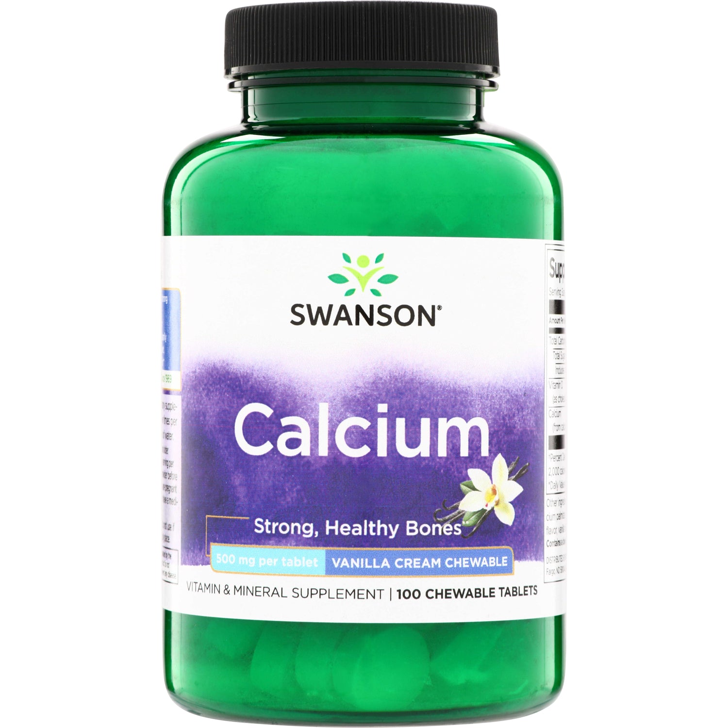 SW865 | Swanson Calcium, vanilla cream chewable, 500 mg per tablet, 100 chewable tablets bottle front