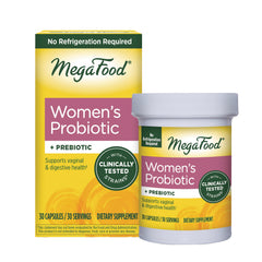 MGF136 | MegaFood Women's Probiotic supplement box and jar, 30 capsules, with prebiotic