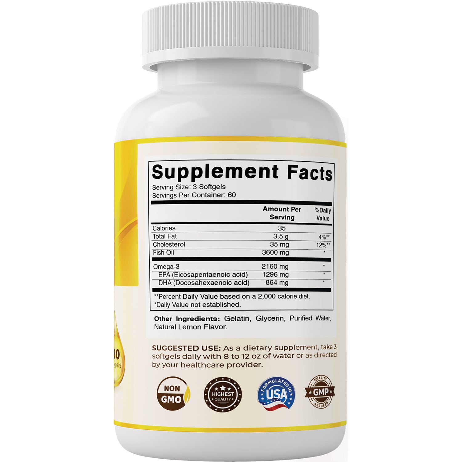 VAM012 | Supplement Facts panel on back of fish oil softgels bottle, serving size 3 softgels