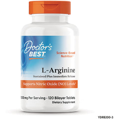 DB113 | Doctor's Best L-Arginine supplement bottle front label, 120 bilayer tablets, supports Nitric Oxide (NO) levels