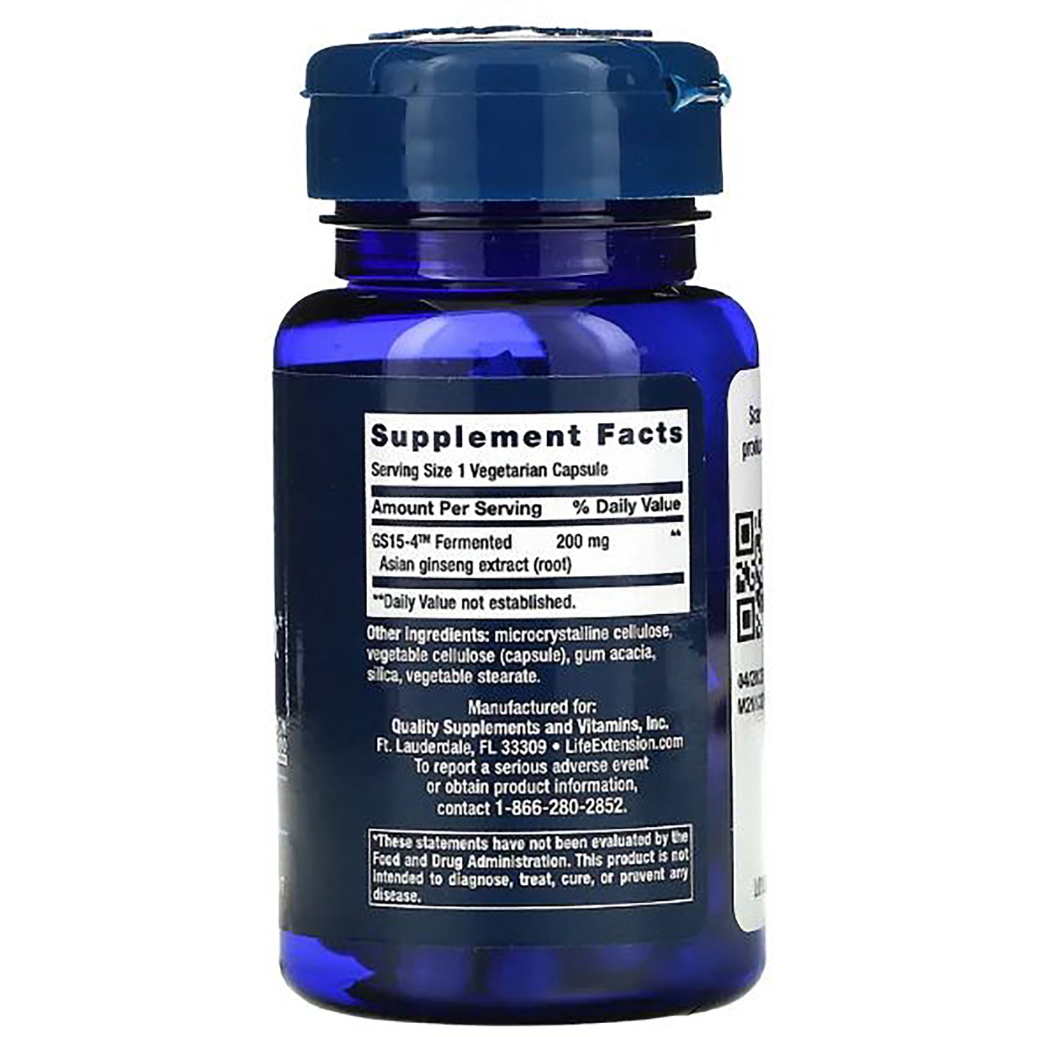 LE252 | Back of blue supplement bottle showing Supplement Facts label and ingredients list