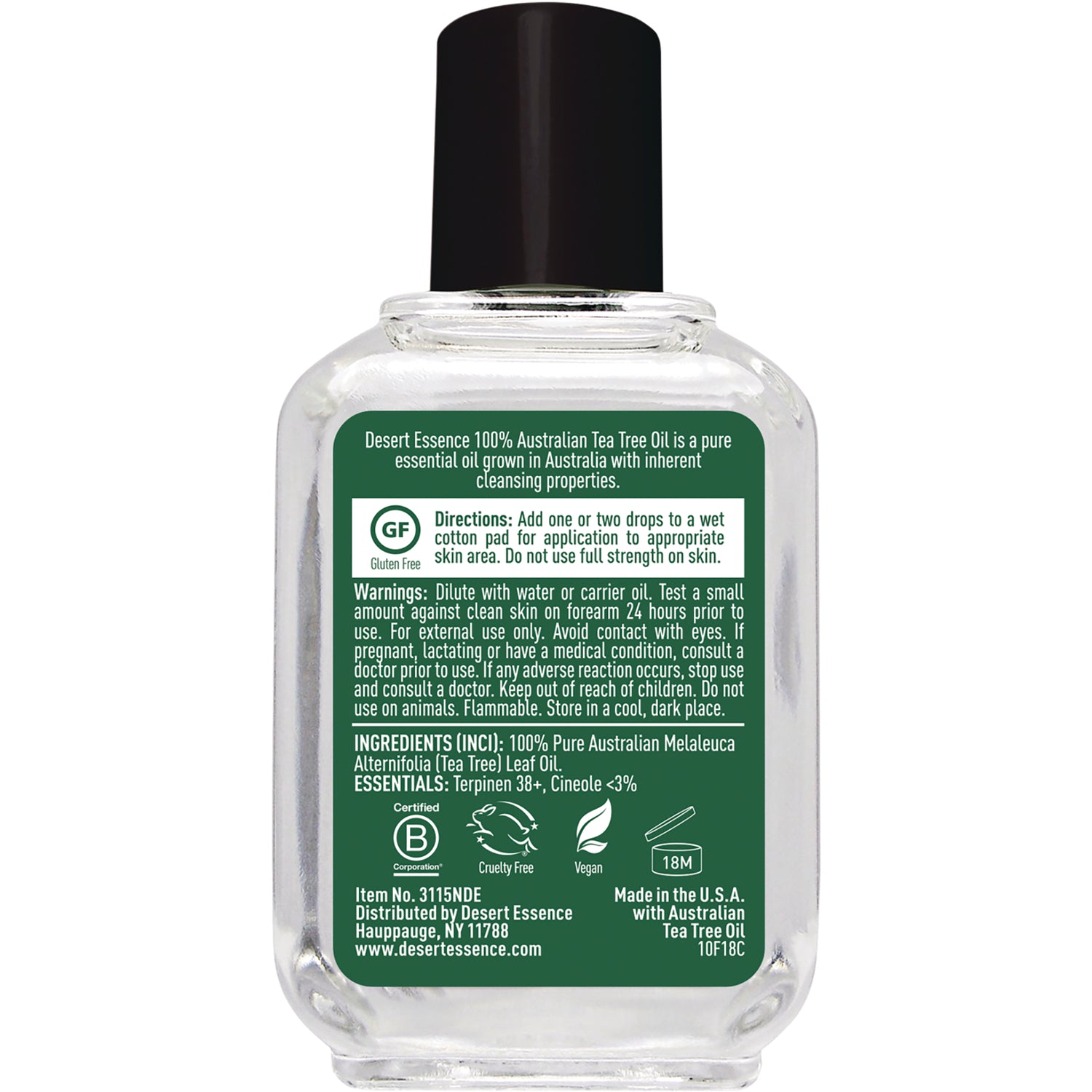DST034 | Back of clear bottle with green label showing directions, warnings, ingredients list and certification icons