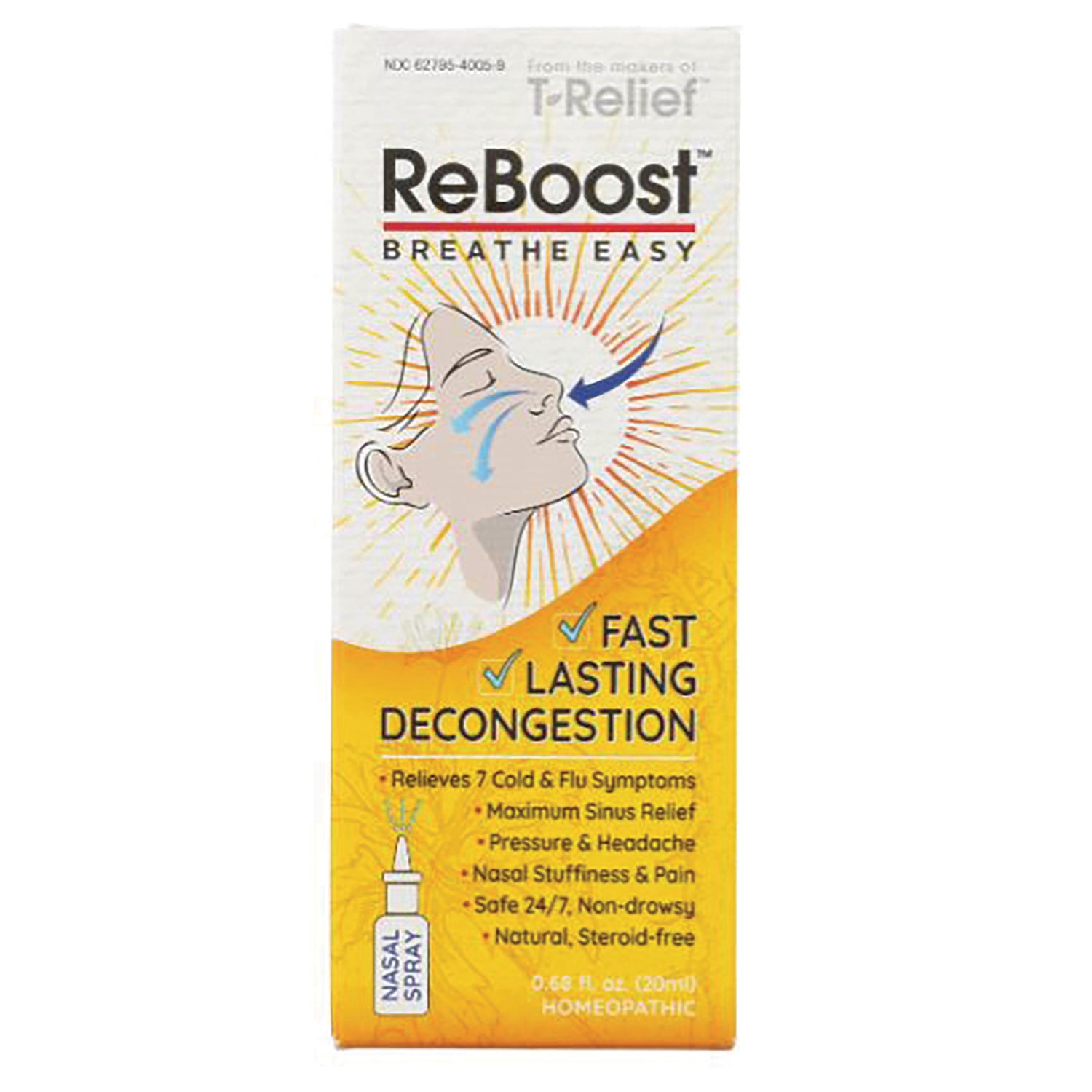 MNA027 | ReBoost Breathe Easy front packaging for nasal decongestion spray showing illustration and fast lasting decongestion claims