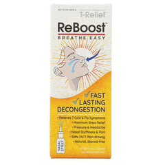 MNA027 | ReBoost Breathe Easy front packaging for nasal decongestion spray showing illustration and fast lasting decongestion claims