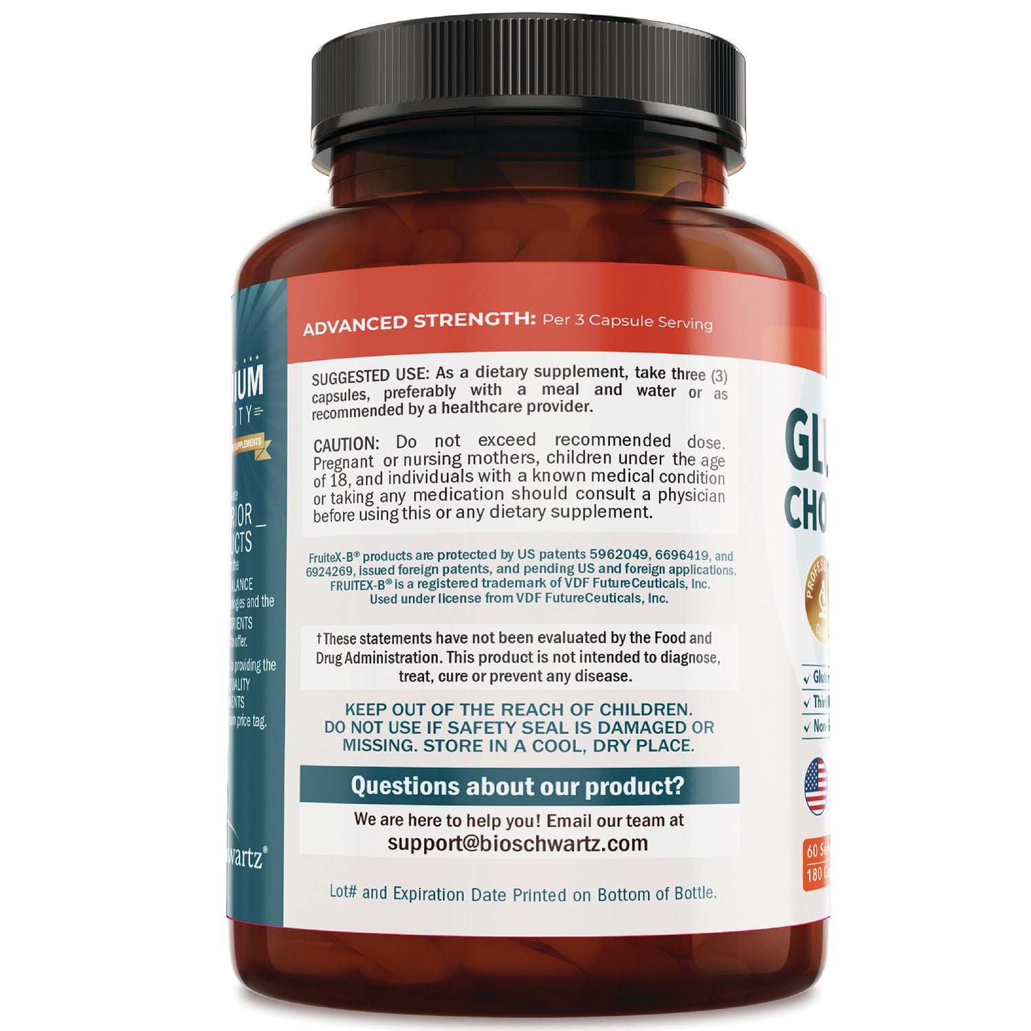 BSZ028 | Back label of supplement bottle showing suggested use, caution text, and support@bioschwartz.com