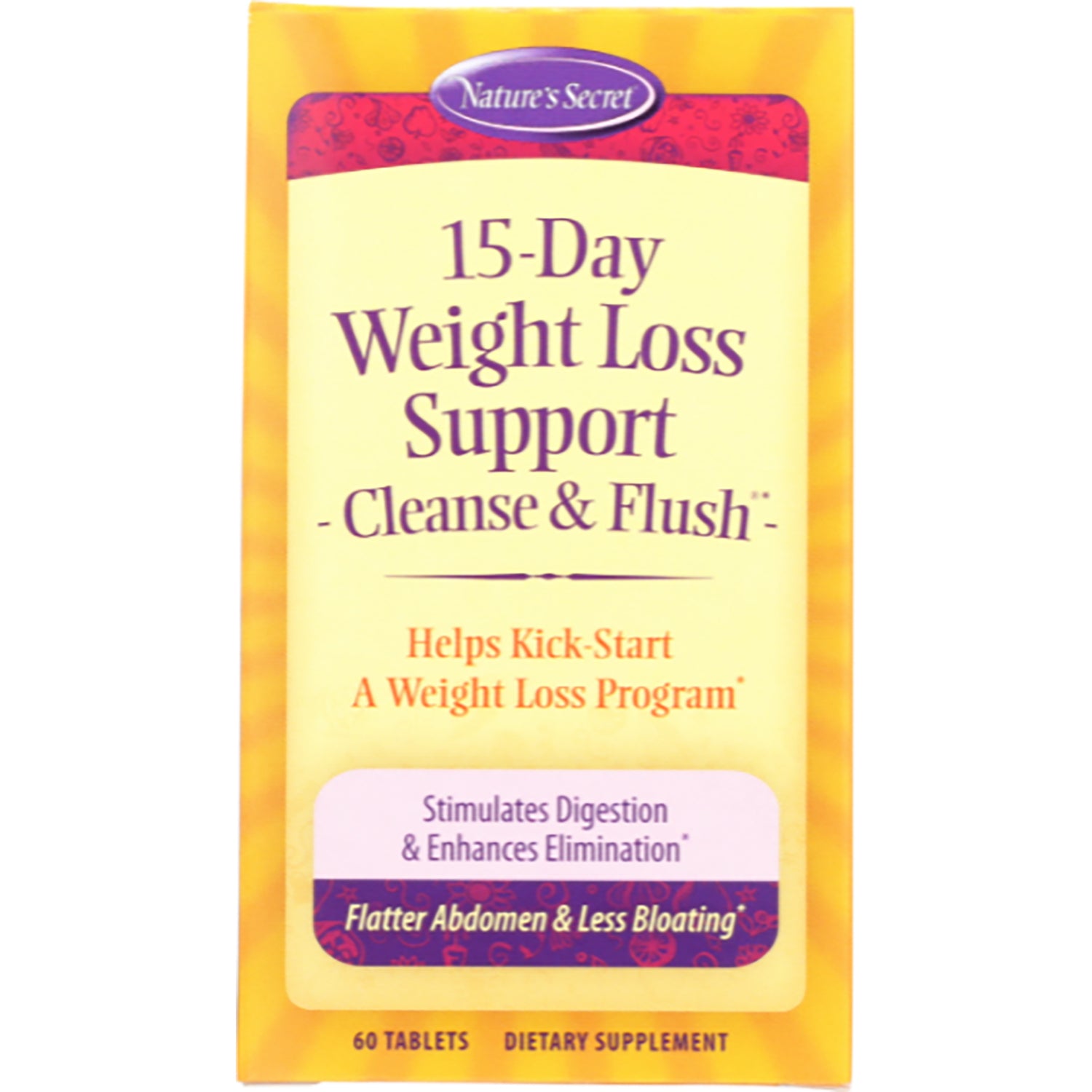 NTS30 | Nature's Secret 15-Day Weight Loss Support Cleanse & Flush supplement box front showing 60 tablets