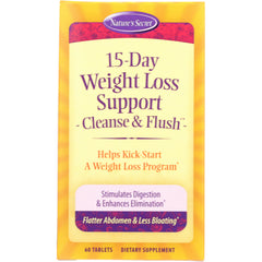 NTS30 | Nature's Secret 15-Day Weight Loss Support Cleanse & Flush supplement box front showing 60 tablets