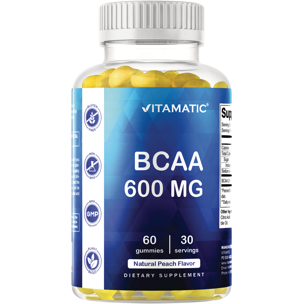 VAM016 | Vitamatic BCAA 600 mg gummies bottle, Natural Peach Flavor, 60 gummies, 30 servings - Thumbnail