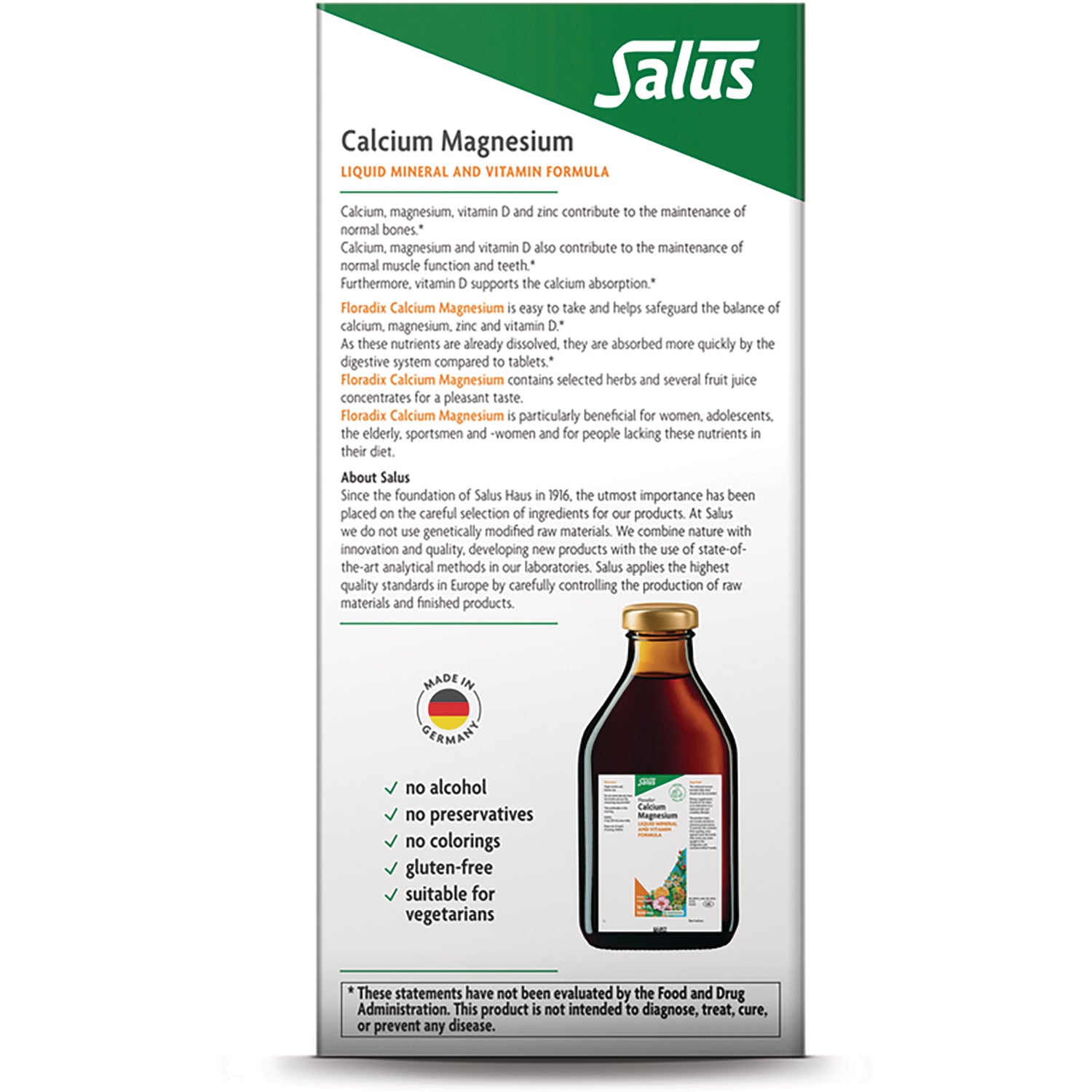 FDX001 | back of Salus Calcium Magnesium liquid mineral and vitamin formula box showing bottle, ingredients and claims no alcohol no preservatives gluten-free