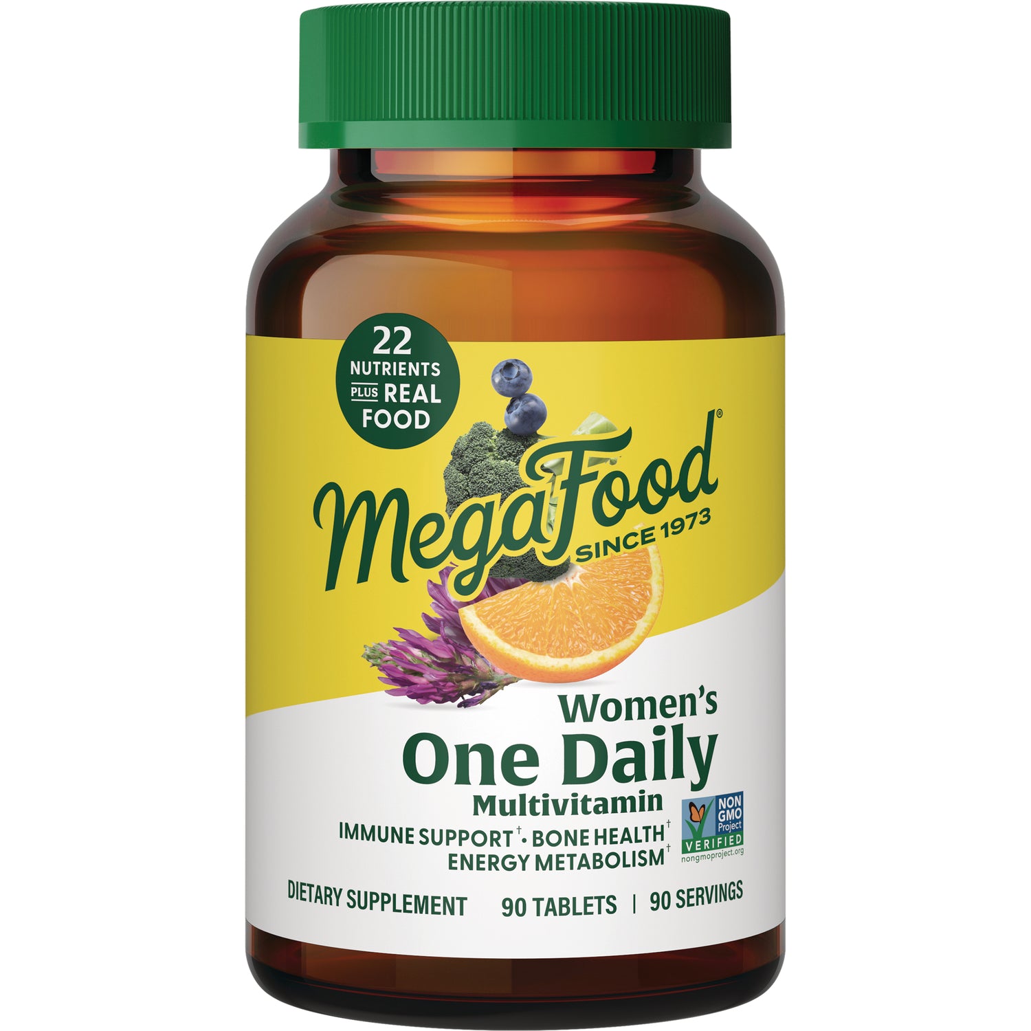 MGF001 | MegaFood Women's One Daily multivitamin bottle with green cap, 90 tablets