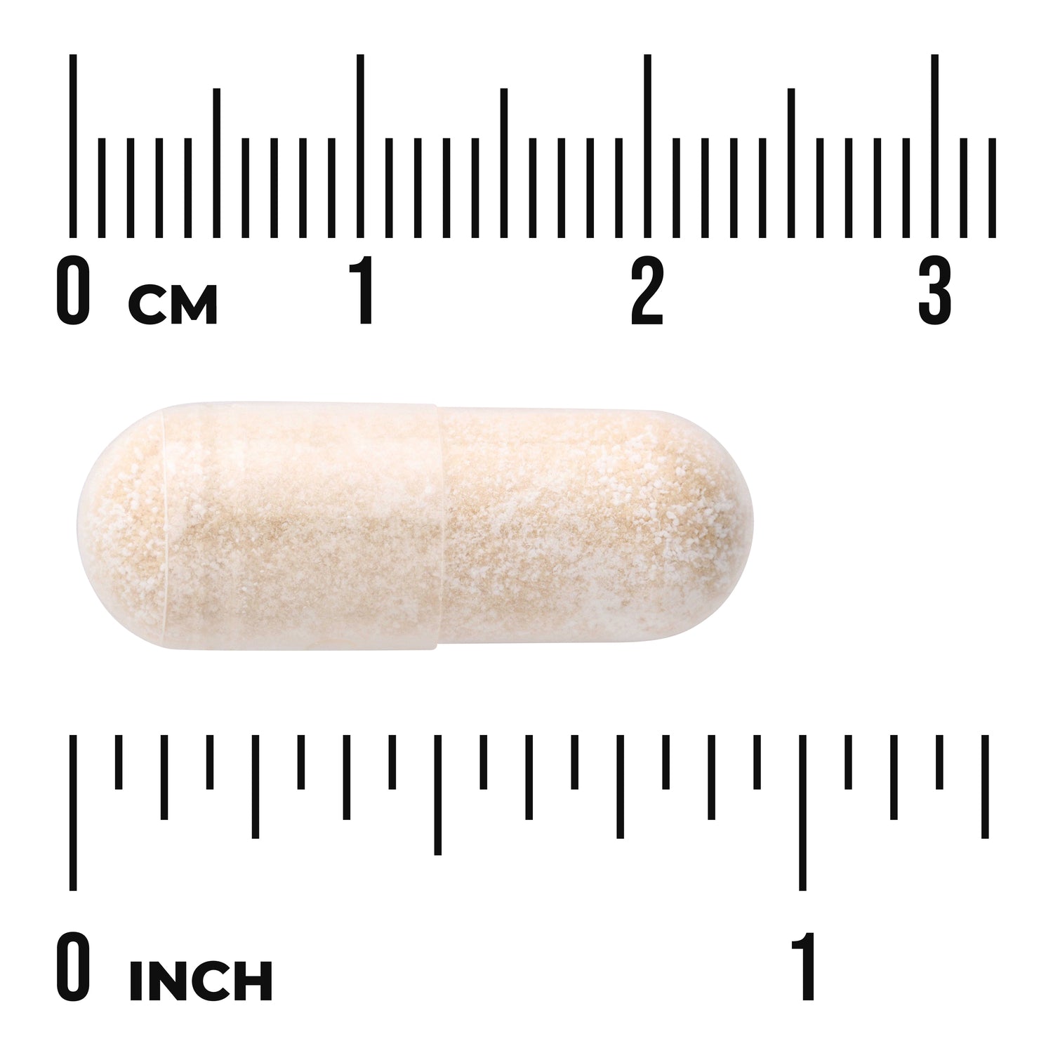 SWH167 | Beige capsule shown with ruler for size, labeled 0 CM and 0 INCH