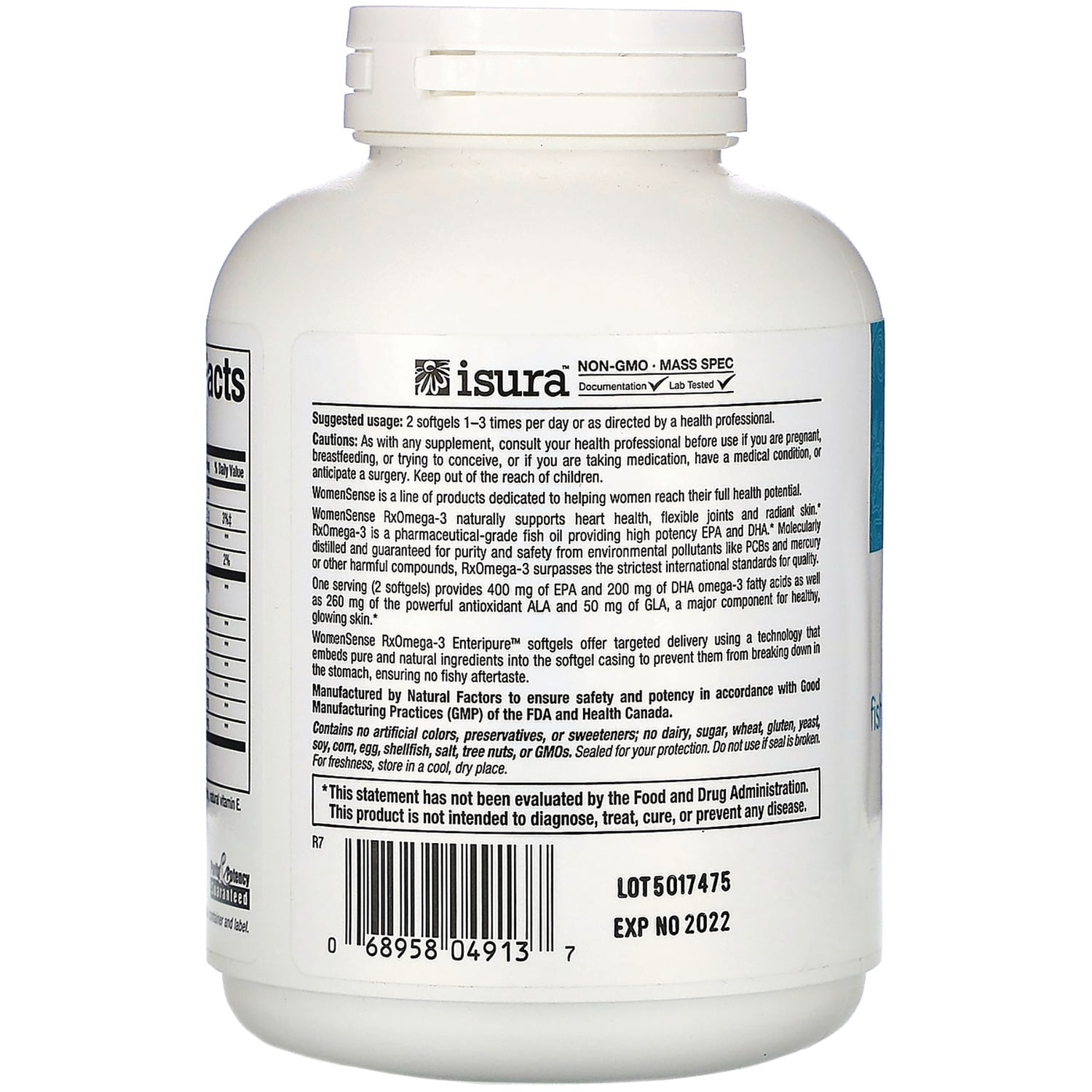 NFC081 | Back of white supplement bottle showing ingredient and caution label, barcode and EXP NO 2022