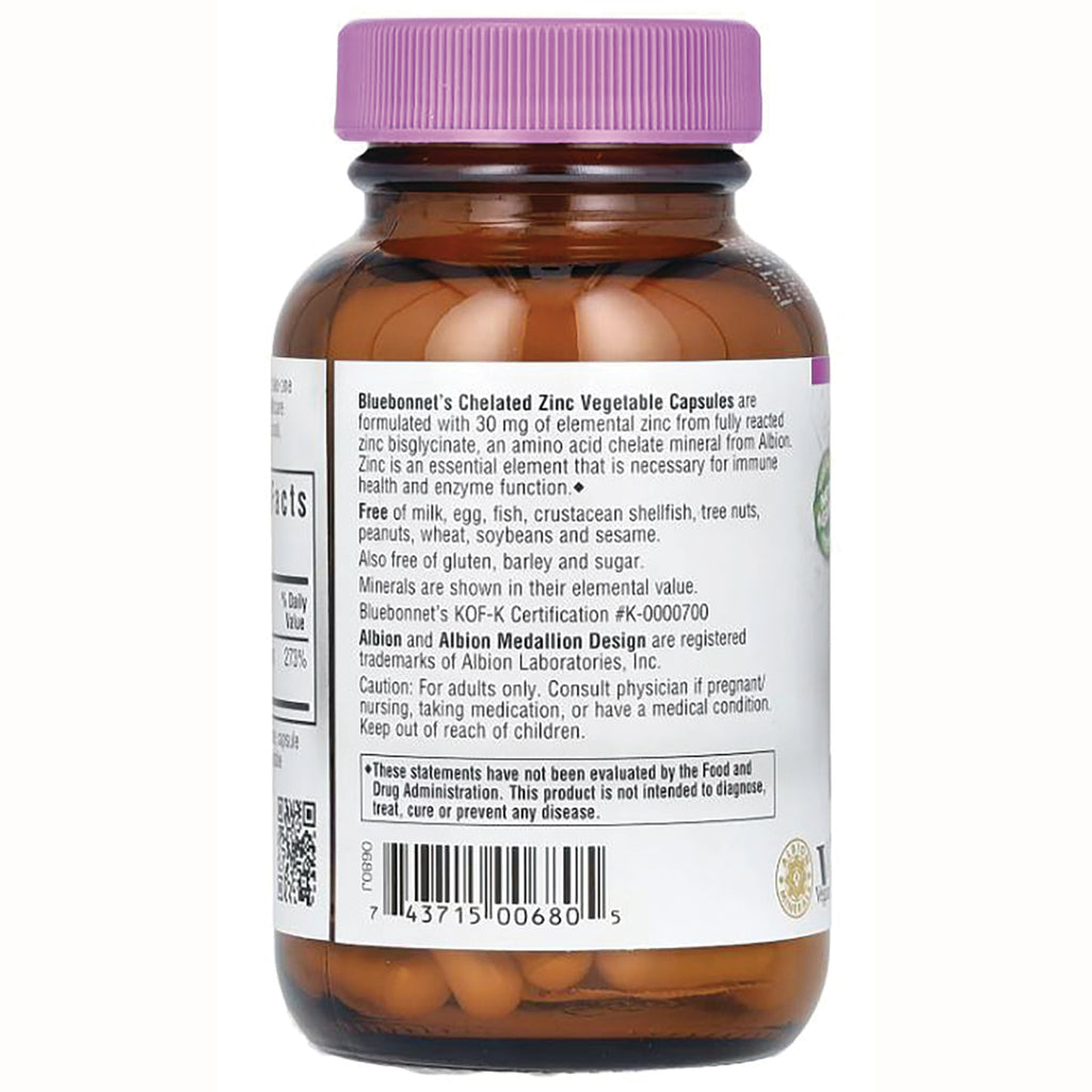 BLU069 | Back label of Bluebonnet's Chelated Zinc vegetable capsules bottle showing ingredients, warnings, and barcode - Thumbnail