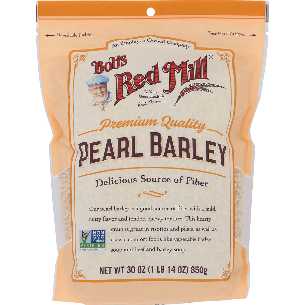 BOB436 | Bob's Red Mill Pearl Barley 30 oz resealable front pouch labeled Premium Quality Delicious Source of Fiber