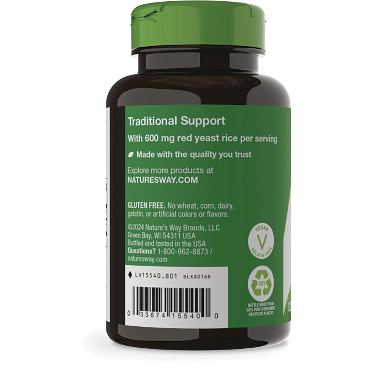 NW615 | back label of green supplement bottle showing Traditional Support with 600 mg red yeast rice per serving and gluten free statement