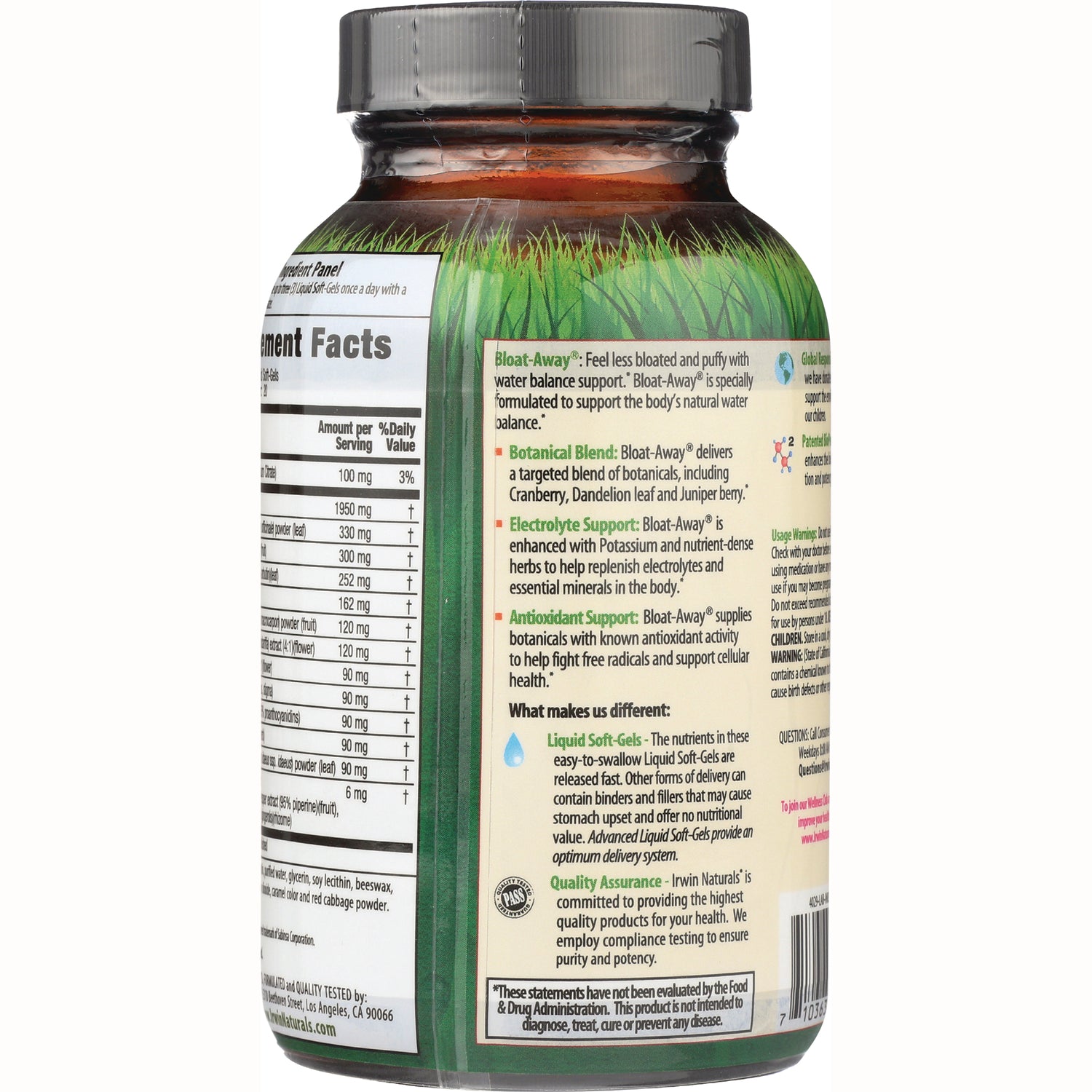 IR085 | Back of supplement bottle showing Supplement Facts panel and ingredient and usage text