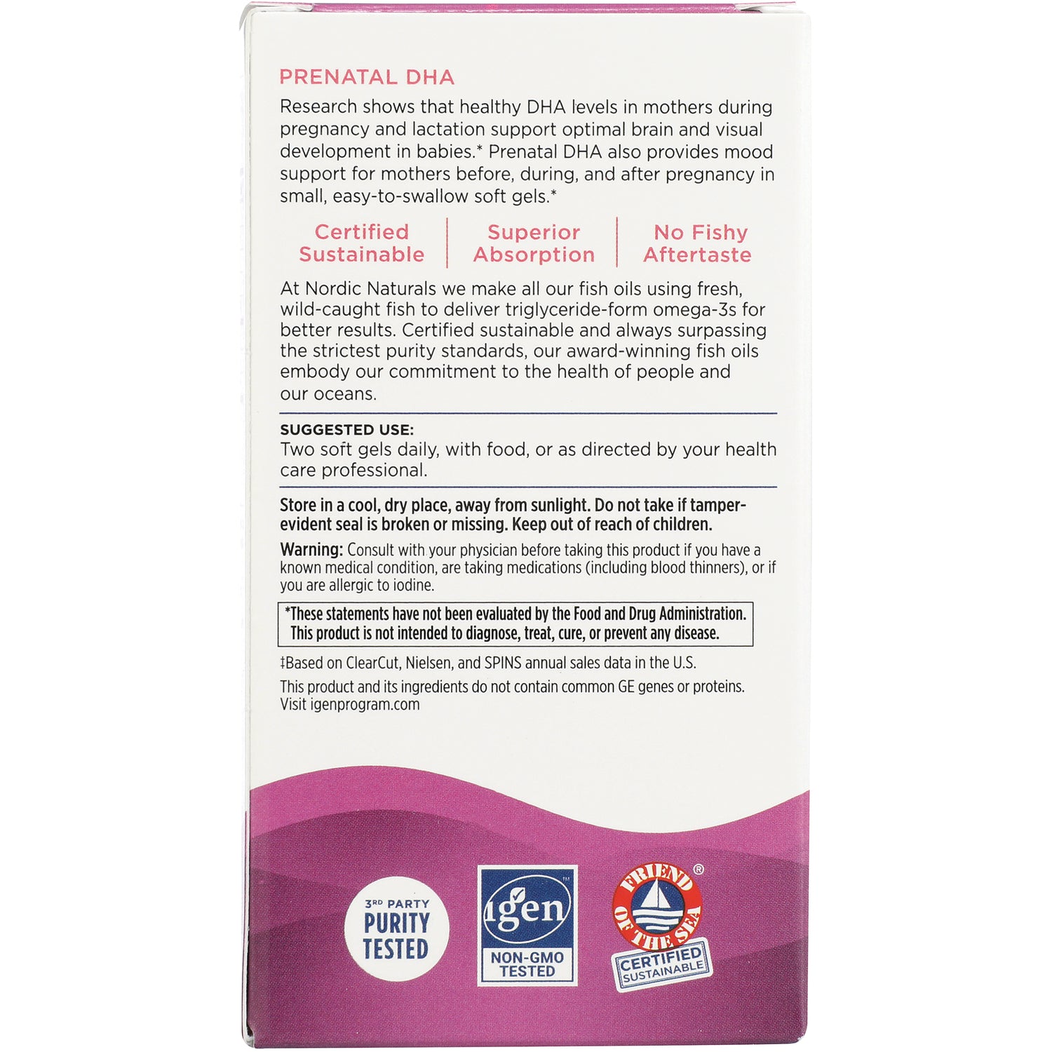 NRN037 | Back of prenatal DHA supplement box showing suggested use, warnings, and certification logos