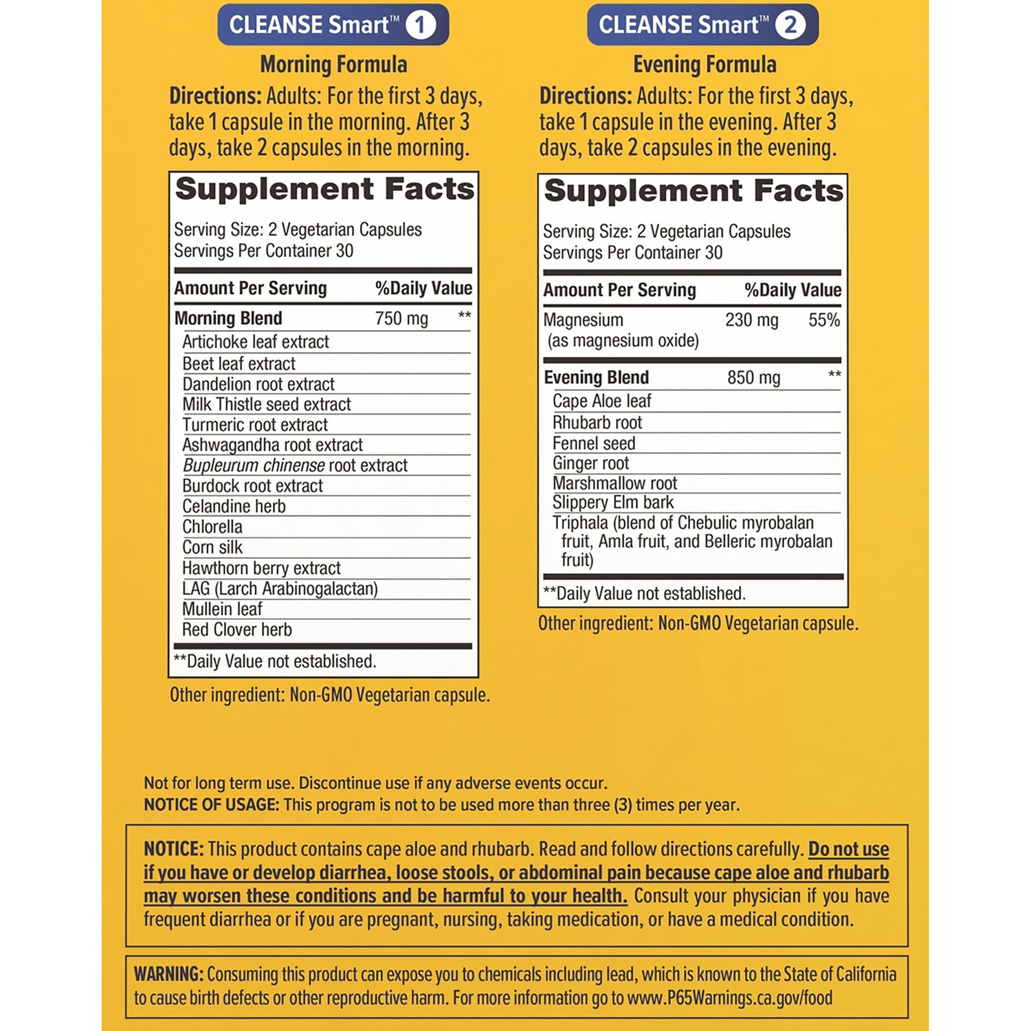 RNL002 | back label showing morning and evening supplement facts with ingredient lists and free of Gluten, Dairy, Soy