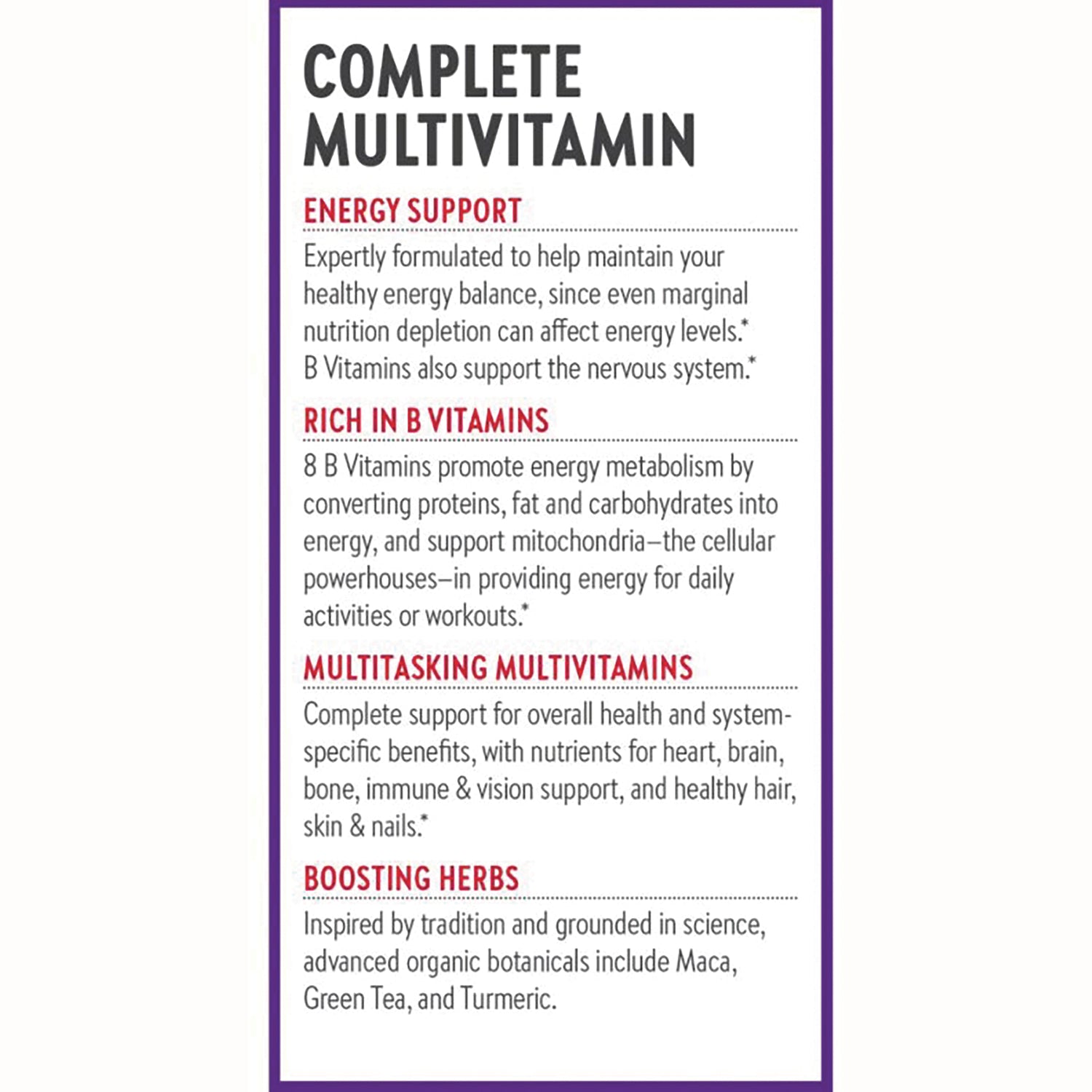 NWC321 | Infographic panel titled Complete Multivitamin listing Energy Support, Rich in B Vitamins, Multitasking Multivitamins, Boosting Herbs