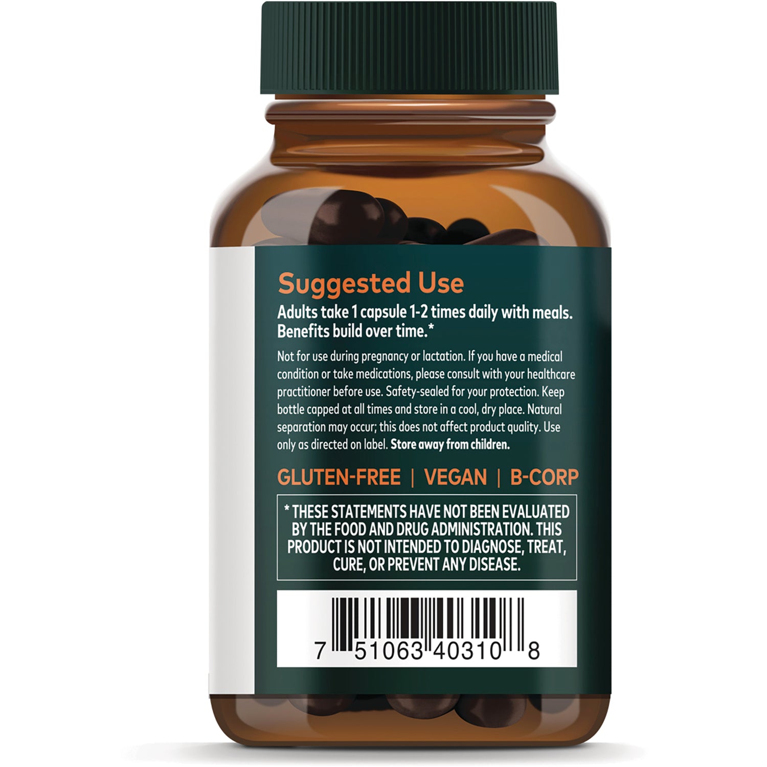 The Gaia Difference back panel listing turmeric formula benefits and vegan, gluten free, B Corp badges