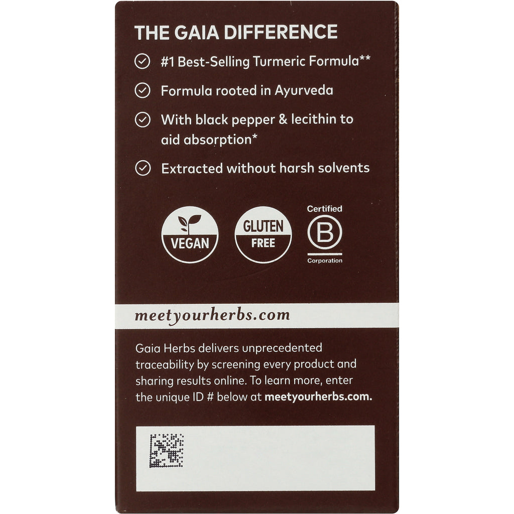 The Gaia Difference back panel listing turmeric formula benefits and vegan, gluten free, B Corp badges - Thumbnail
