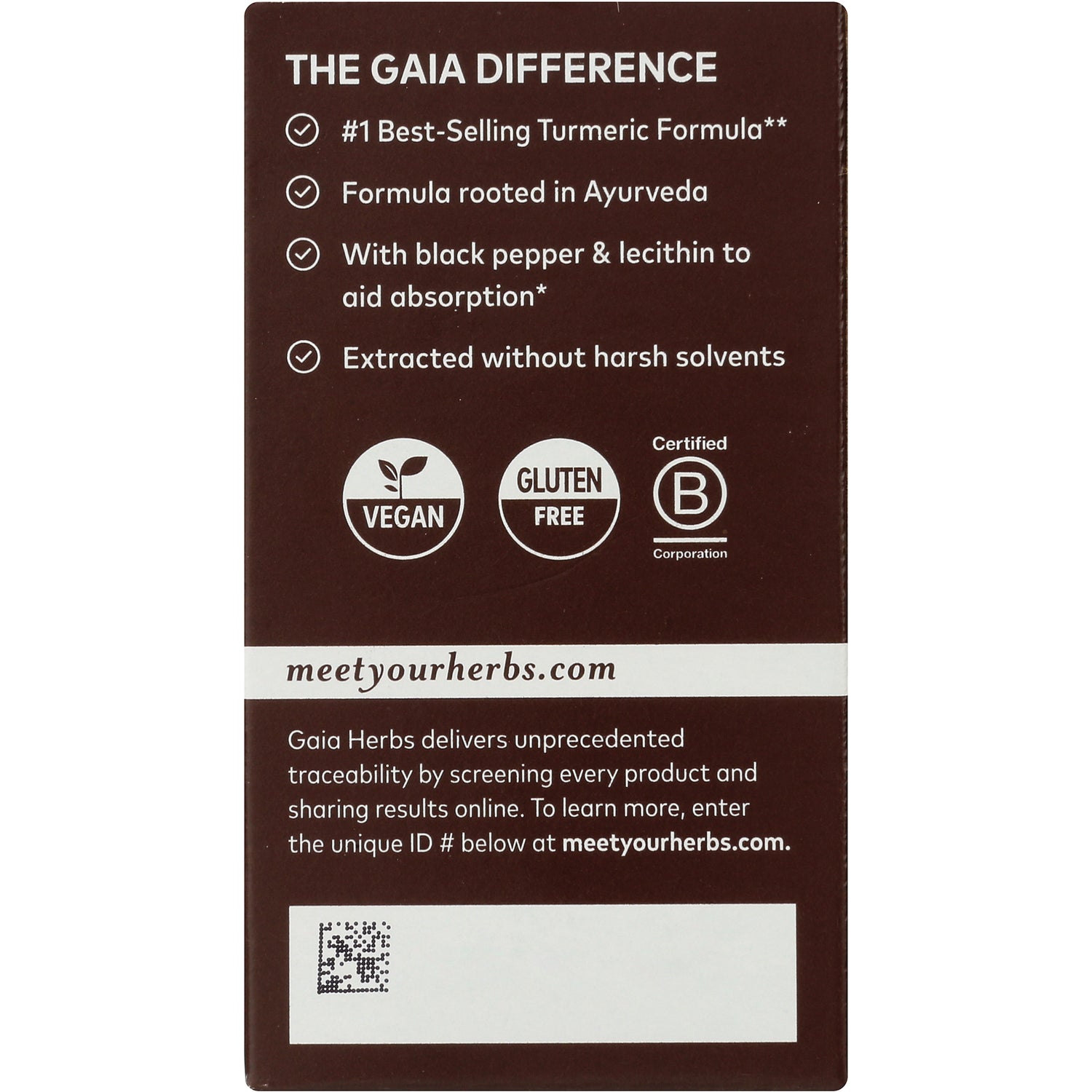 The Gaia Difference back panel listing turmeric formula benefits and vegan, gluten free, B Corp badges