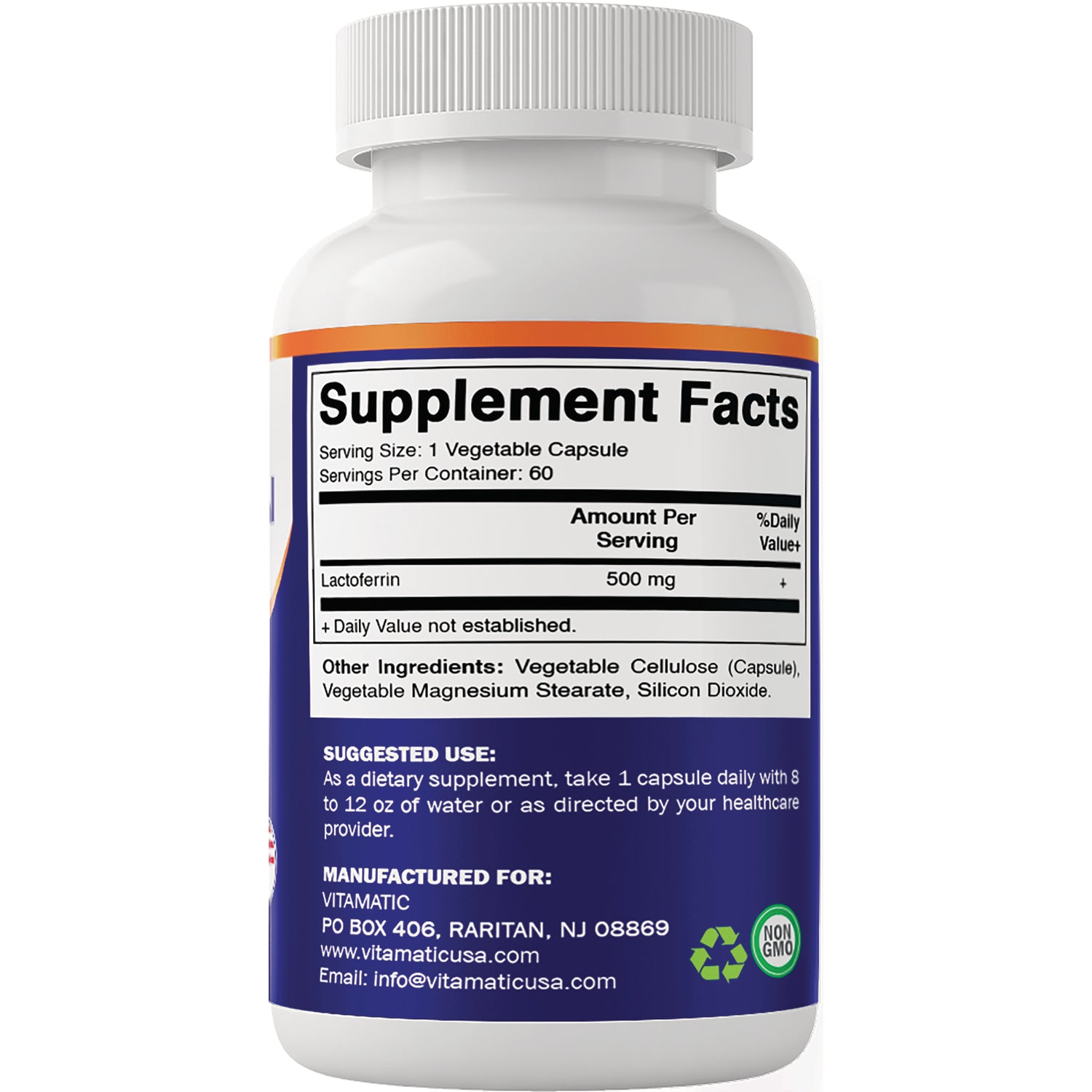 VAM021 | Supplement Facts panel for lactoferrin 500 mg, 1 vegetable capsule serving, 60 servings per container