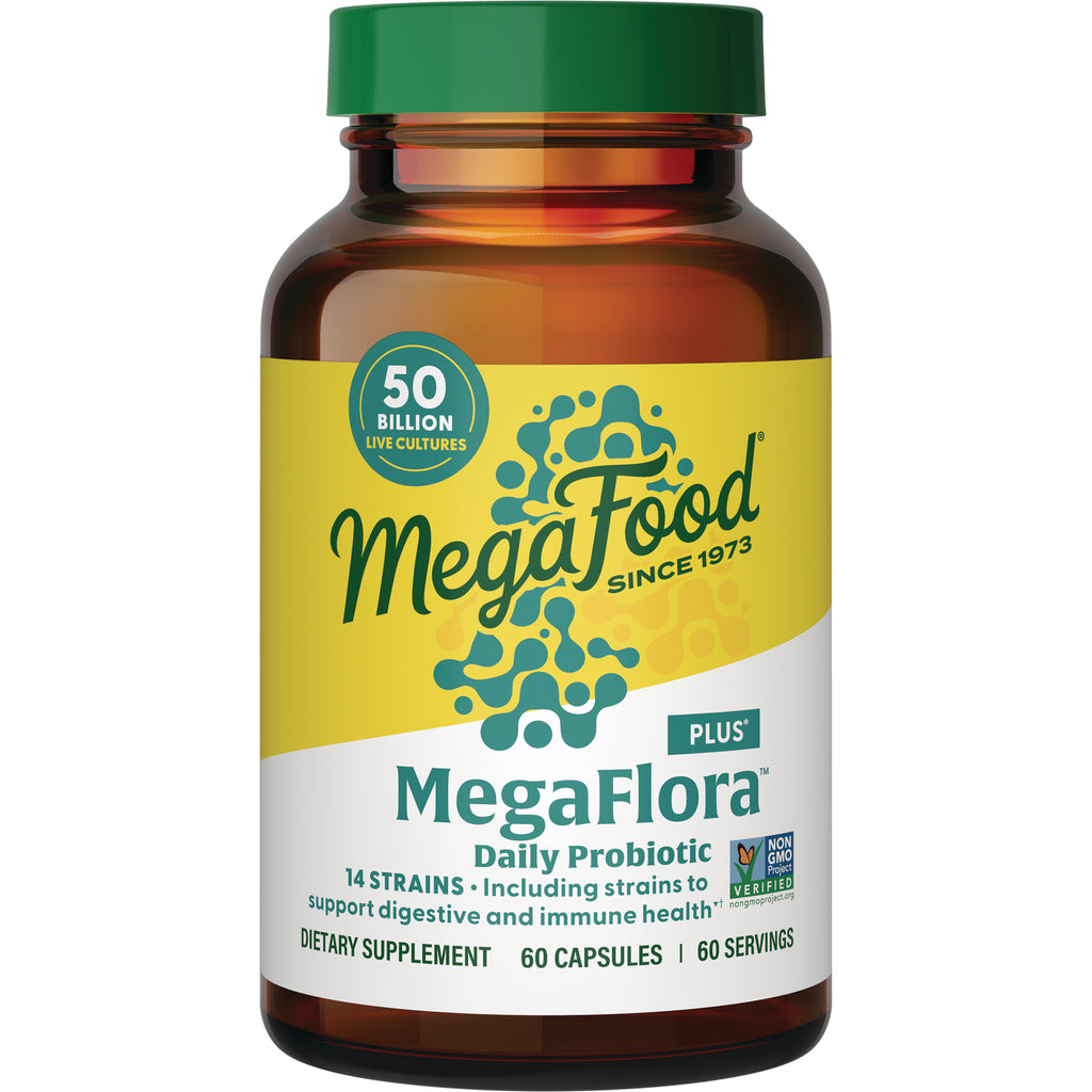 MGF061 | Amber bottle with green cap labeled MegaFood MegaFlora Daily Probiotic 60 capsules 50 billion live cultures - Thumbnail