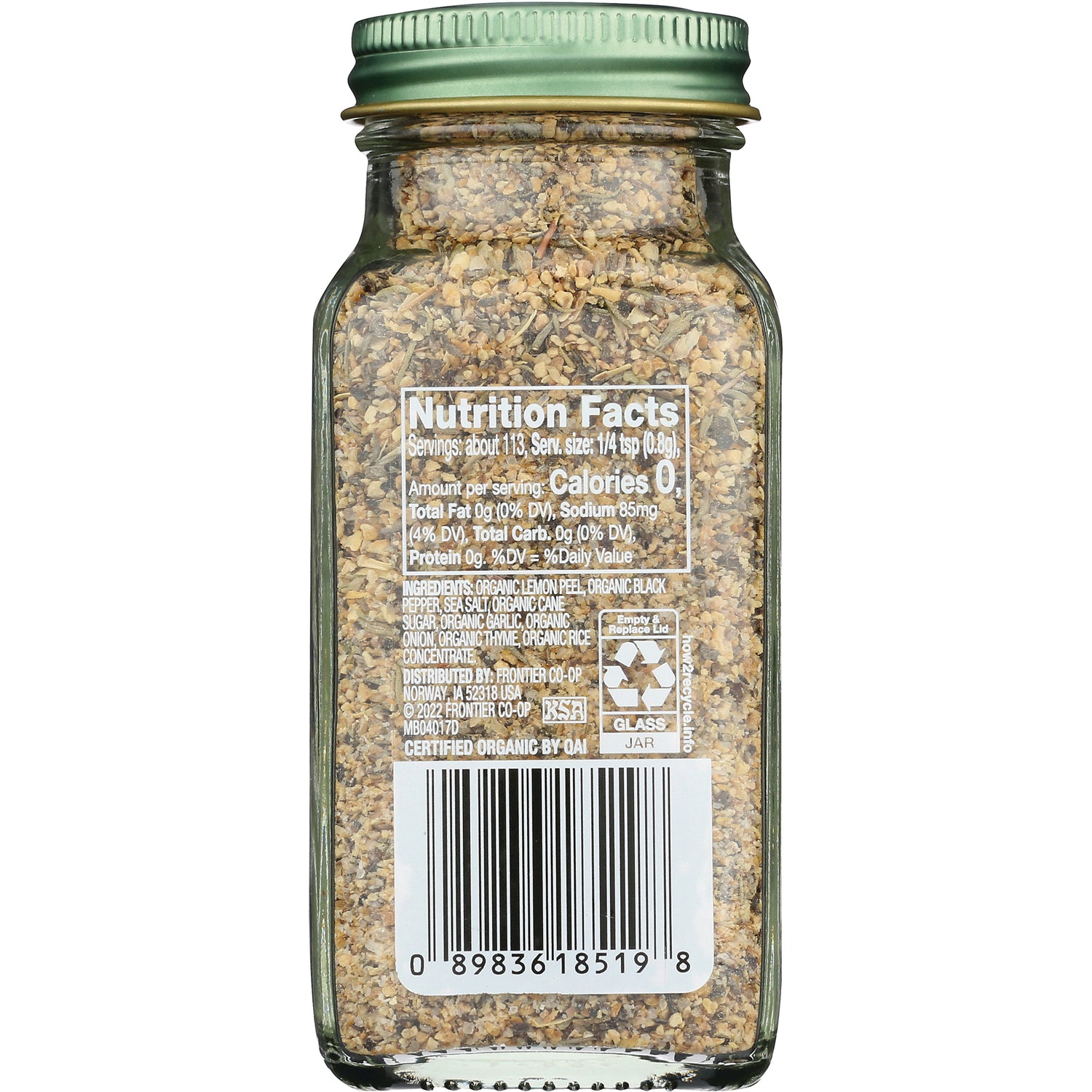 SMP070 | back of glass spice jar showing Nutrition Facts panel, ingredient text and barcode