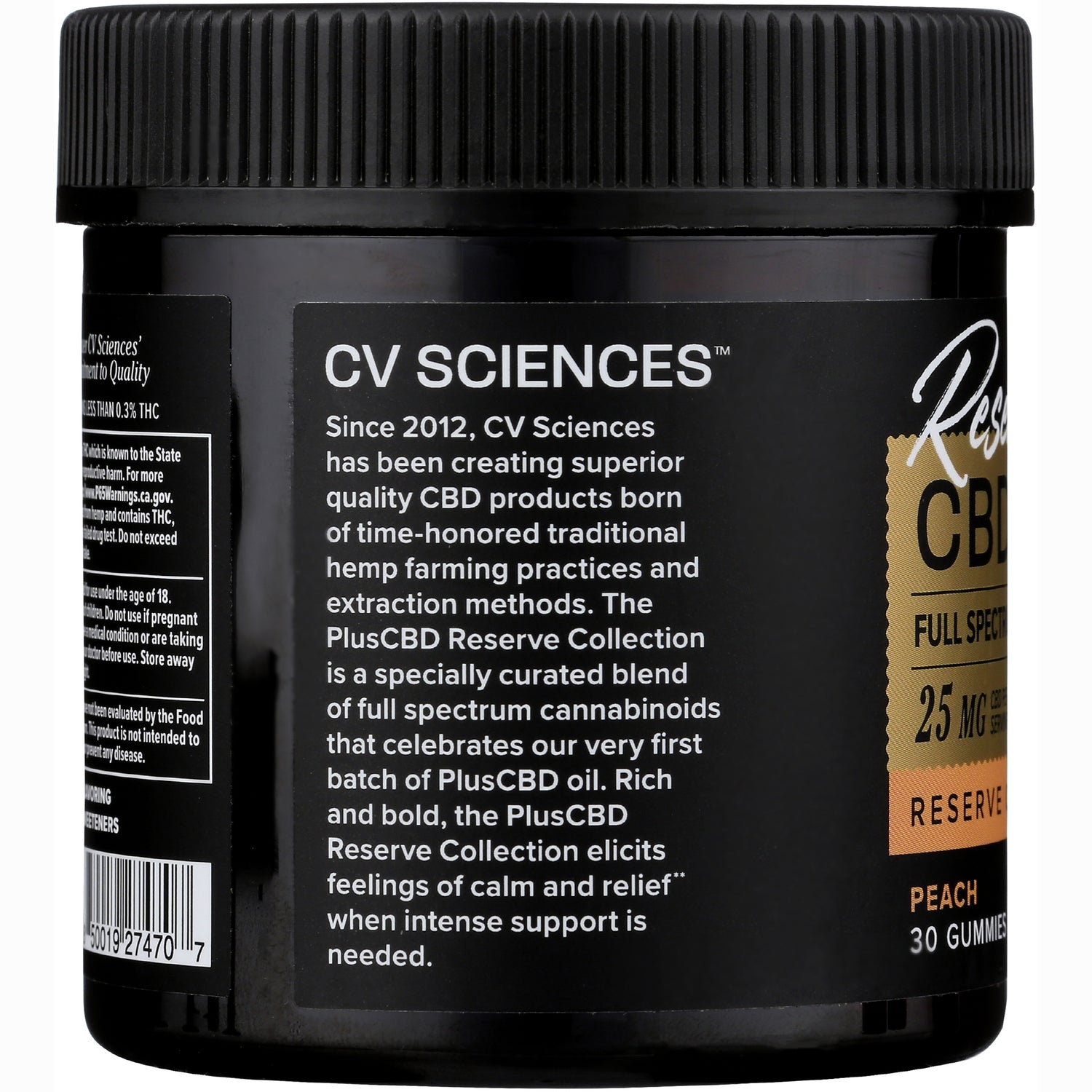 CV046 | black jar side label reading CV SCIENCES with Reserve Collection description and peach 30 gummies callout