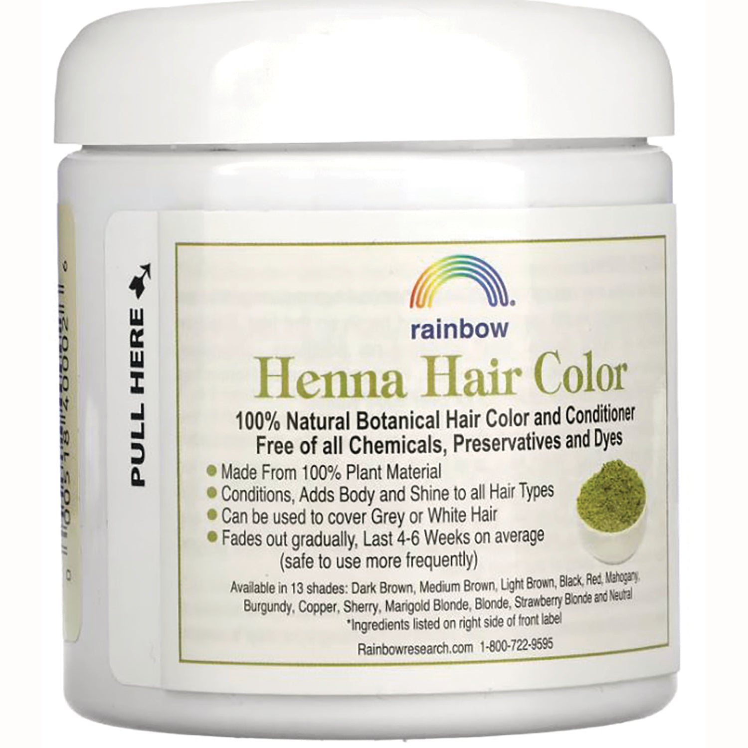 RBR027 | back label of Rainbow Henna Hair Color jar showing Henna Hair Color title, product claims and ingredient text