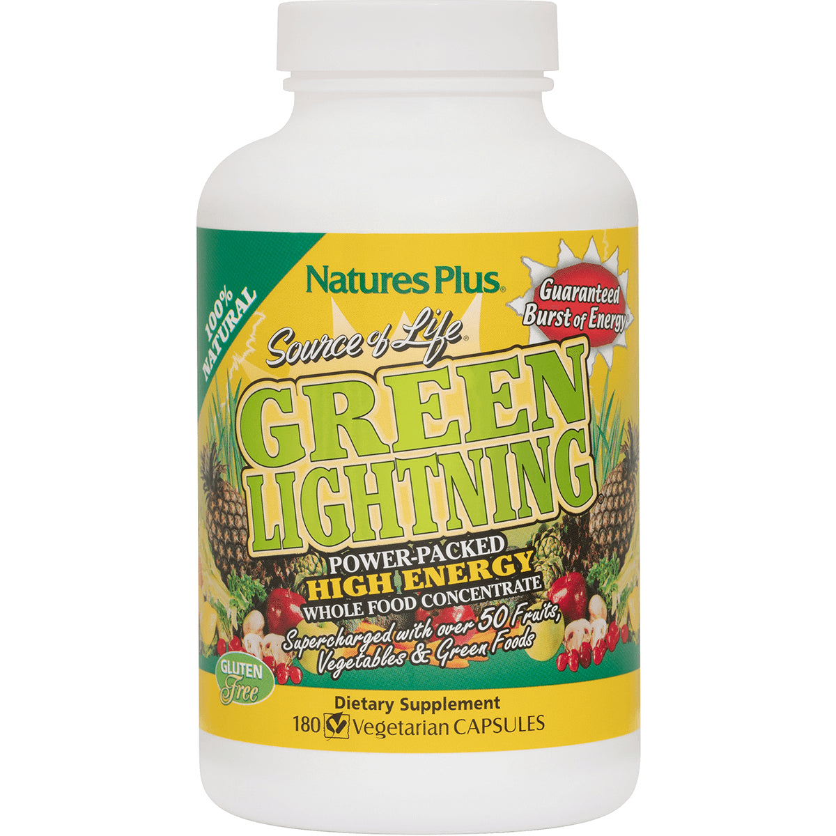 NTP242 | Natures Plus Source of Life Green Lightning supplement bottle, front label showing GREEN LIGHTNING and 180 vegetarian capsules