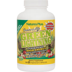 NTP242 | Natures Plus Source of Life Green Lightning supplement bottle, front label showing GREEN LIGHTNING and 180 vegetarian capsules