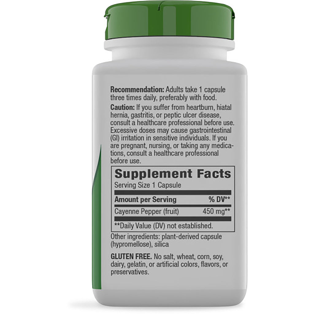 NW121 | Back of brown supplement bottle showing Supplement Facts panel listing Cayenne Pepper 450 mg and cautions - Thumbnail