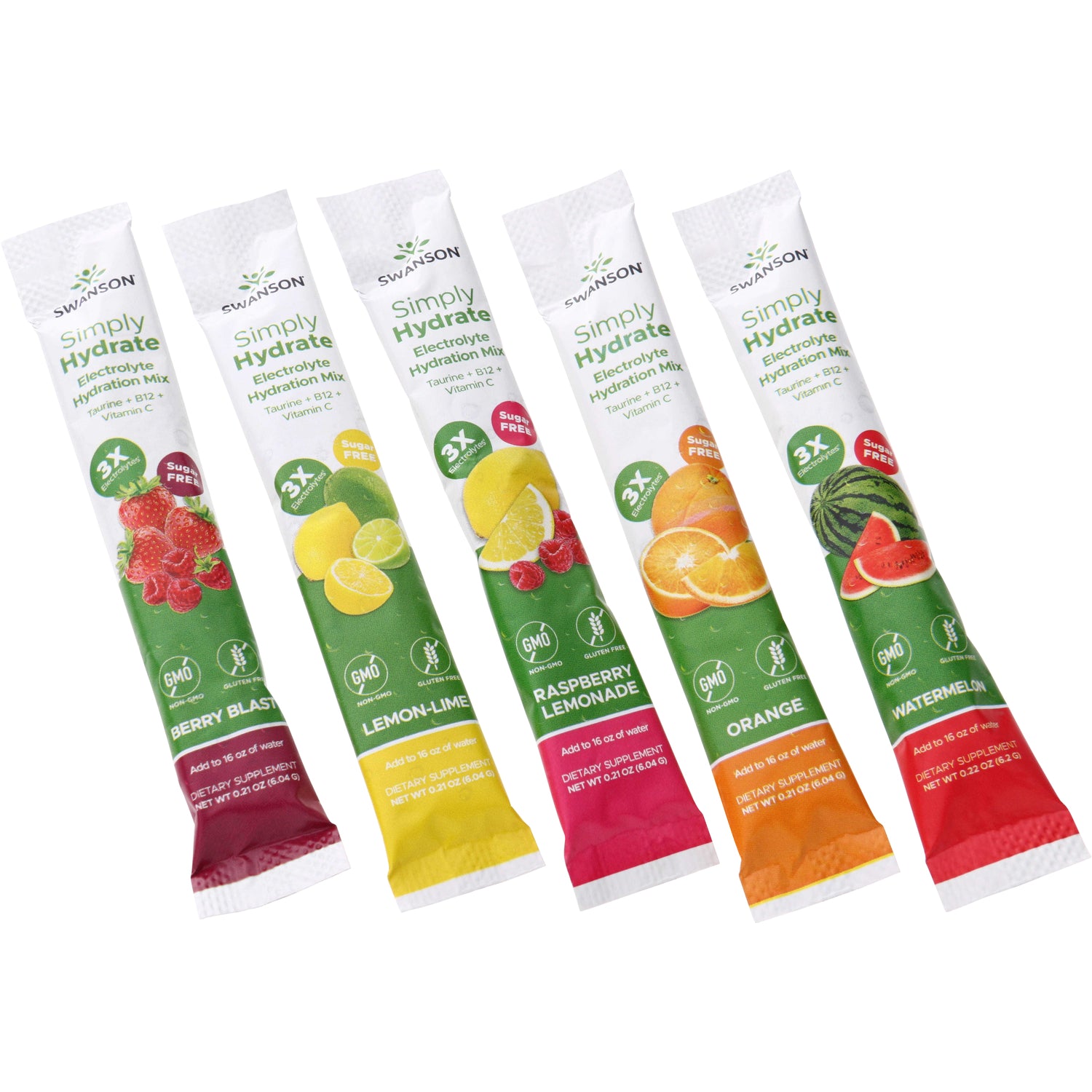 SW1929 | Simply Hydrate electrolyte hydration mix sachets with flavor images and text listing zero sugar, B12, potassium