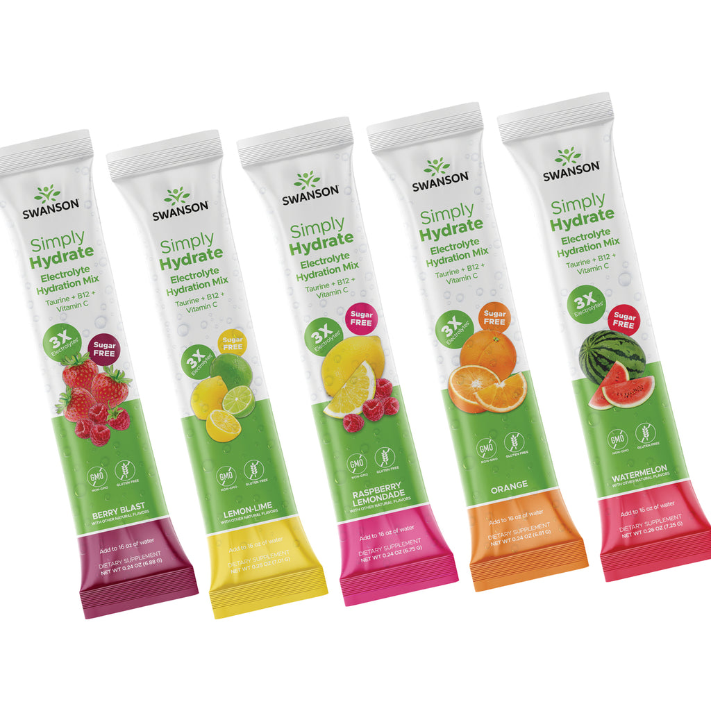 SW1929 | Simply Hydrate electrolyte hydration mix sachets with flavor images and text listing zero sugar, B12, potassium - Thumbnail
