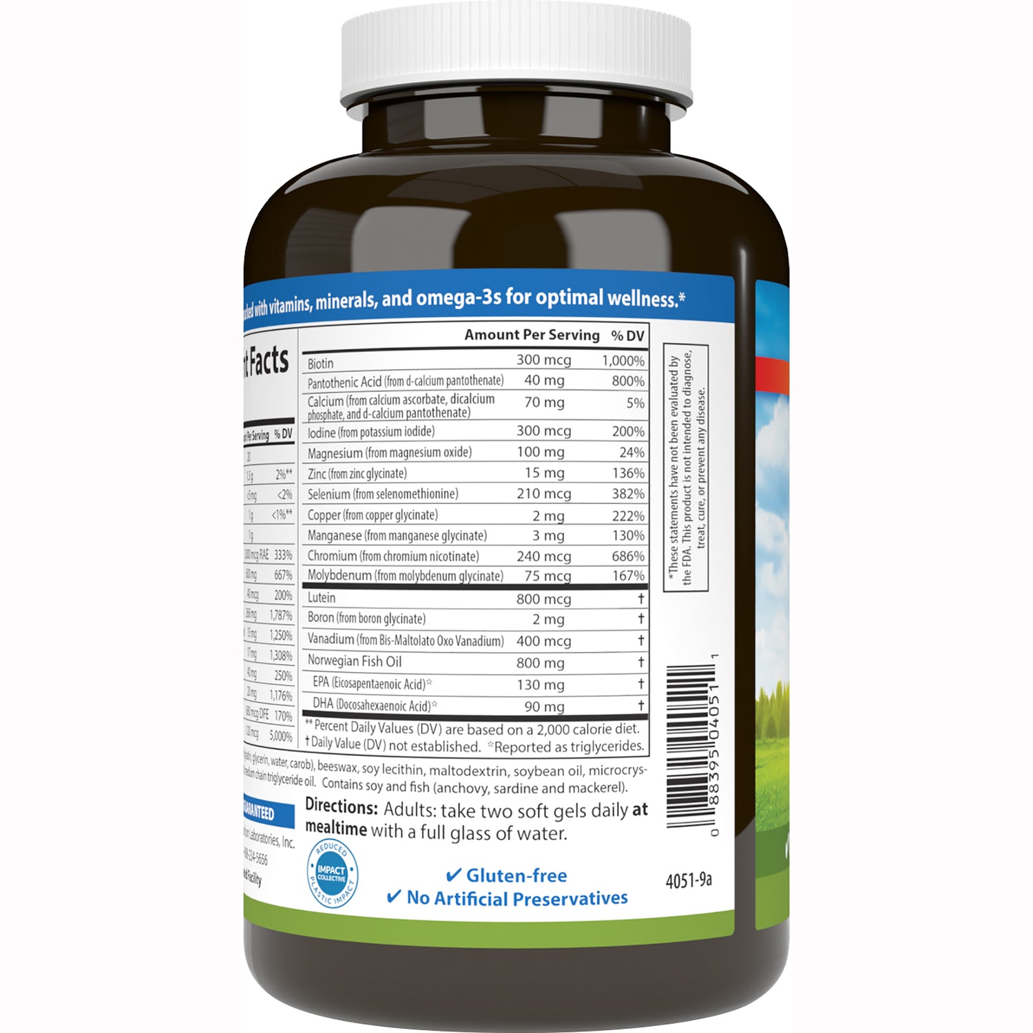 CSN038 | back label showing supplement facts panel, directions, barcode, and gluten-free no artificial preservatives claims