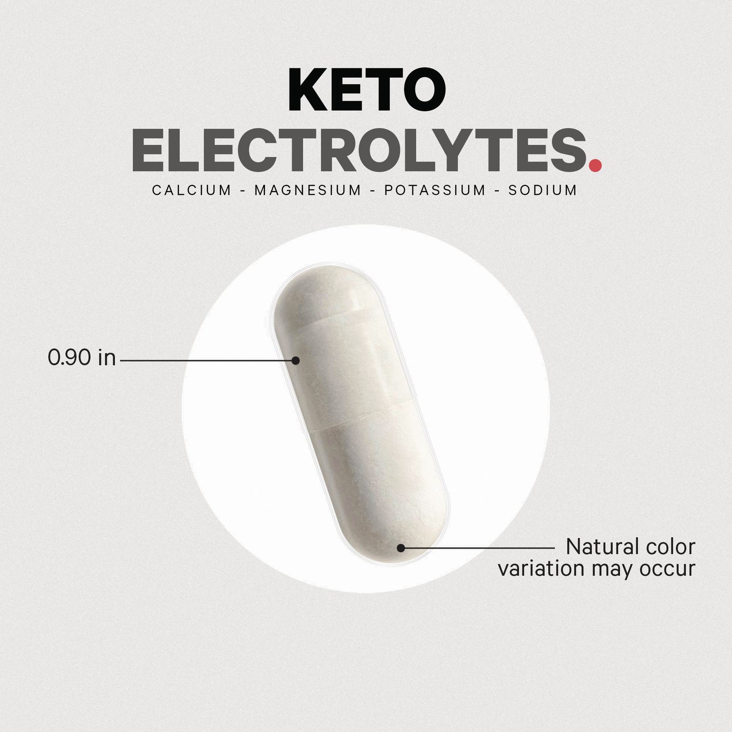 CDG007 | white capsule product infographic labeled KETO ELECTROLYTES with 0.90 in callout and natural color variation note