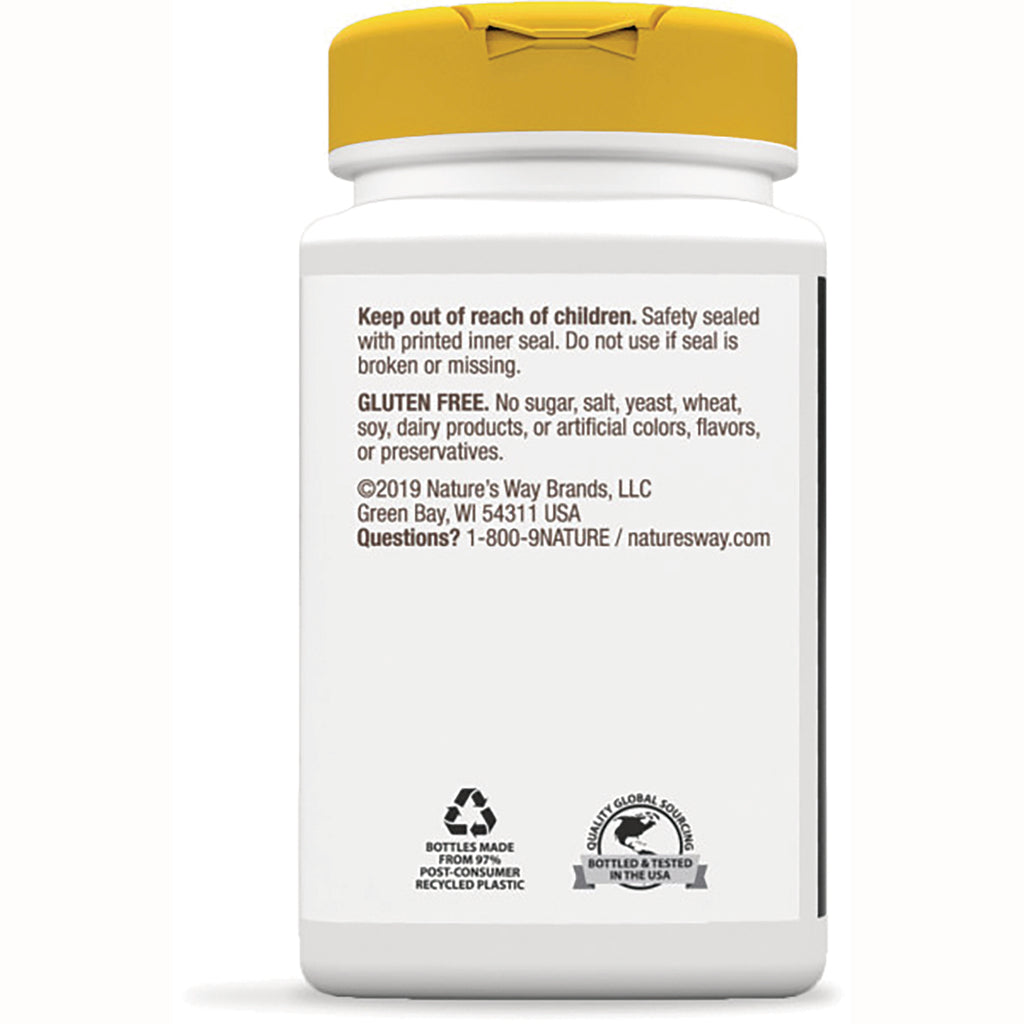 NW372 | Back label of white supplement bottle showing Keep out of reach of children text, GLUTEN FREE, company info and recycling icons - Thumbnail