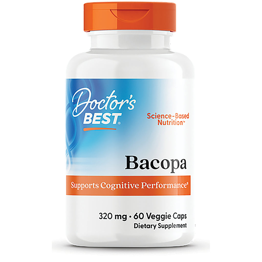 DB249 | Doctor's Best Bacopa with Synapsa supplement bottle, 320 mg, 60 veggie caps, white bottle with orange cap - Thumbnail