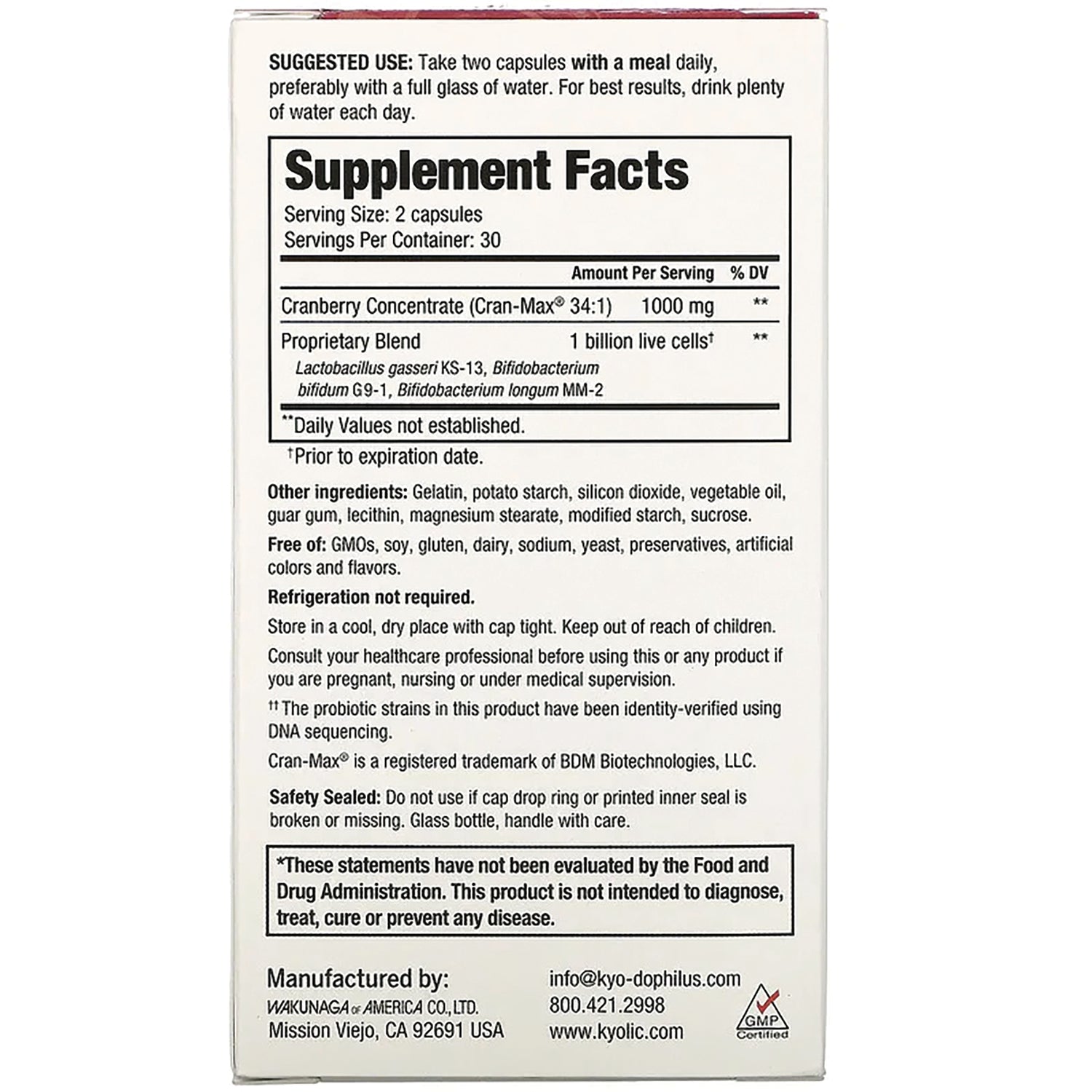 KY108 | Back panel showing Supplement Facts table, ingredients, suggested use and safety warnings