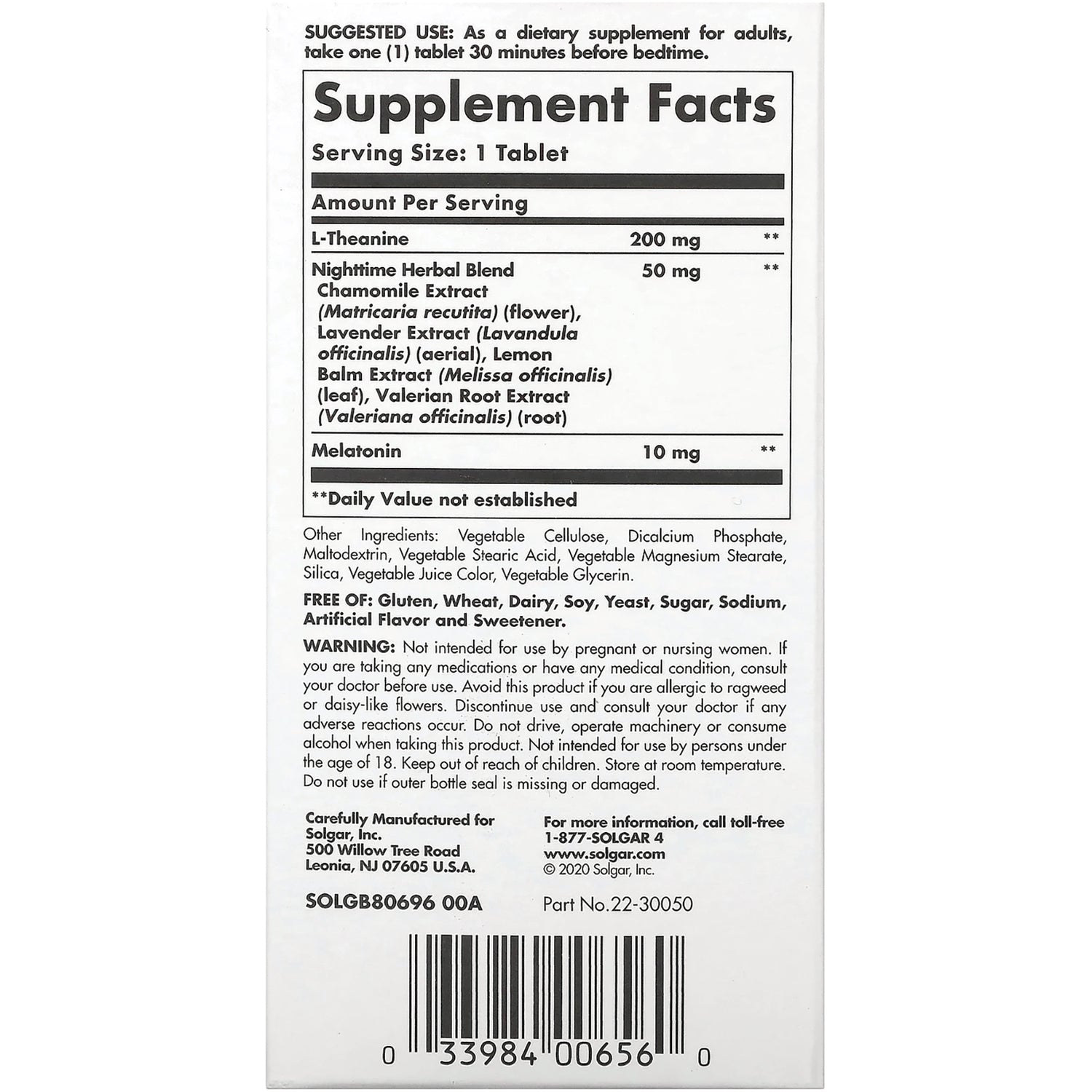 SLG372 | Back panel showing Supplement Facts with L-Theanine 200 mg, melatonin 10 mg and ingredient list