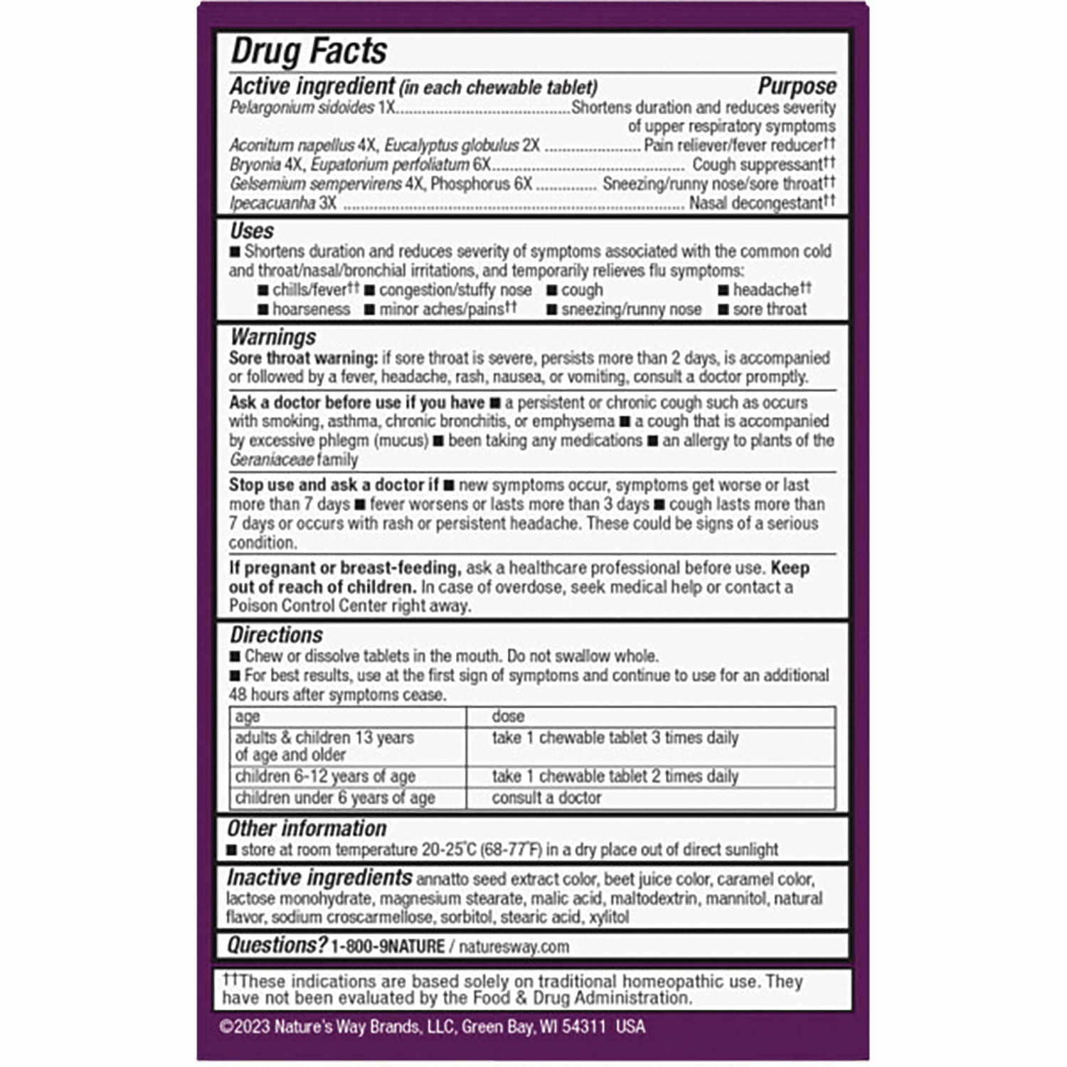NW647 | Back label showing drug facts with active and inactive ingredients, warnings, directions and dosage table
